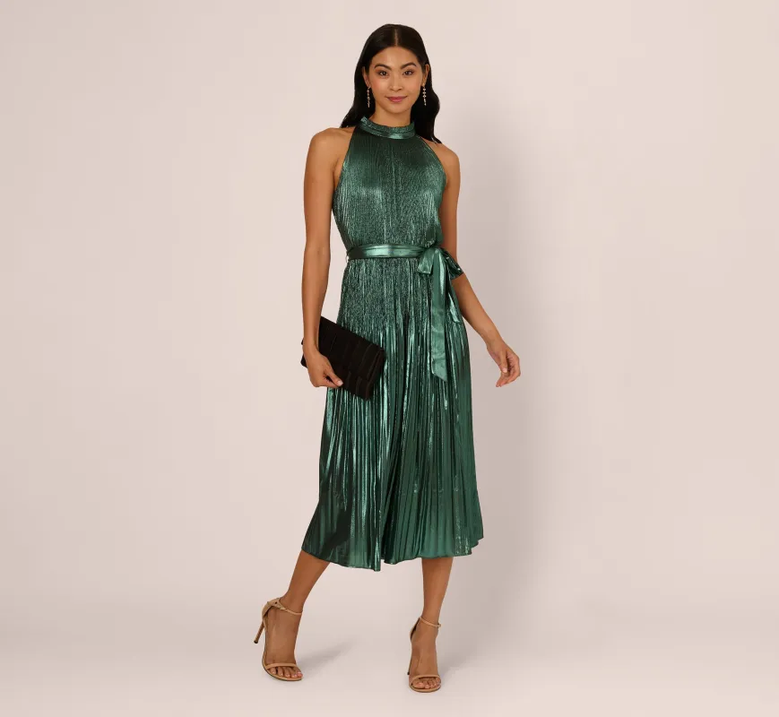 Halter Pleated Metallic Dress In Green Black sold by Adrianna Papell