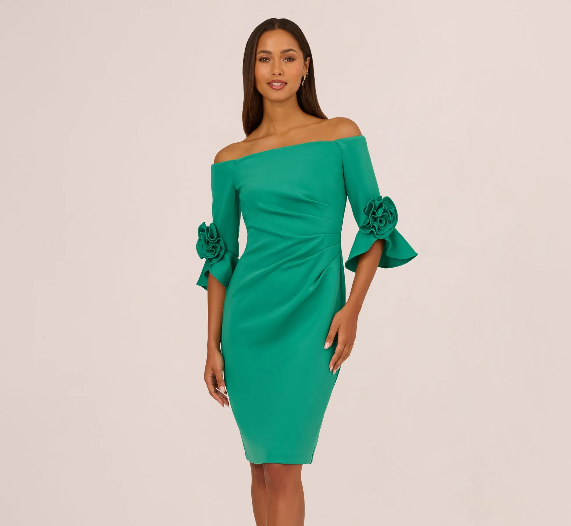Off Shoulder Three Quarter Rosette Sleeve Cocktail Dress In Emerald sold by Adrianna Papell product image thumbnail 2