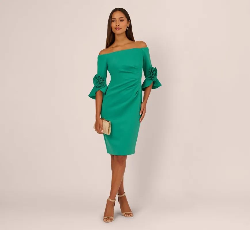 Off Shoulder Three Quarter Rosette Sleeve Cocktail Dress In Emerald made by Adrianna Papell