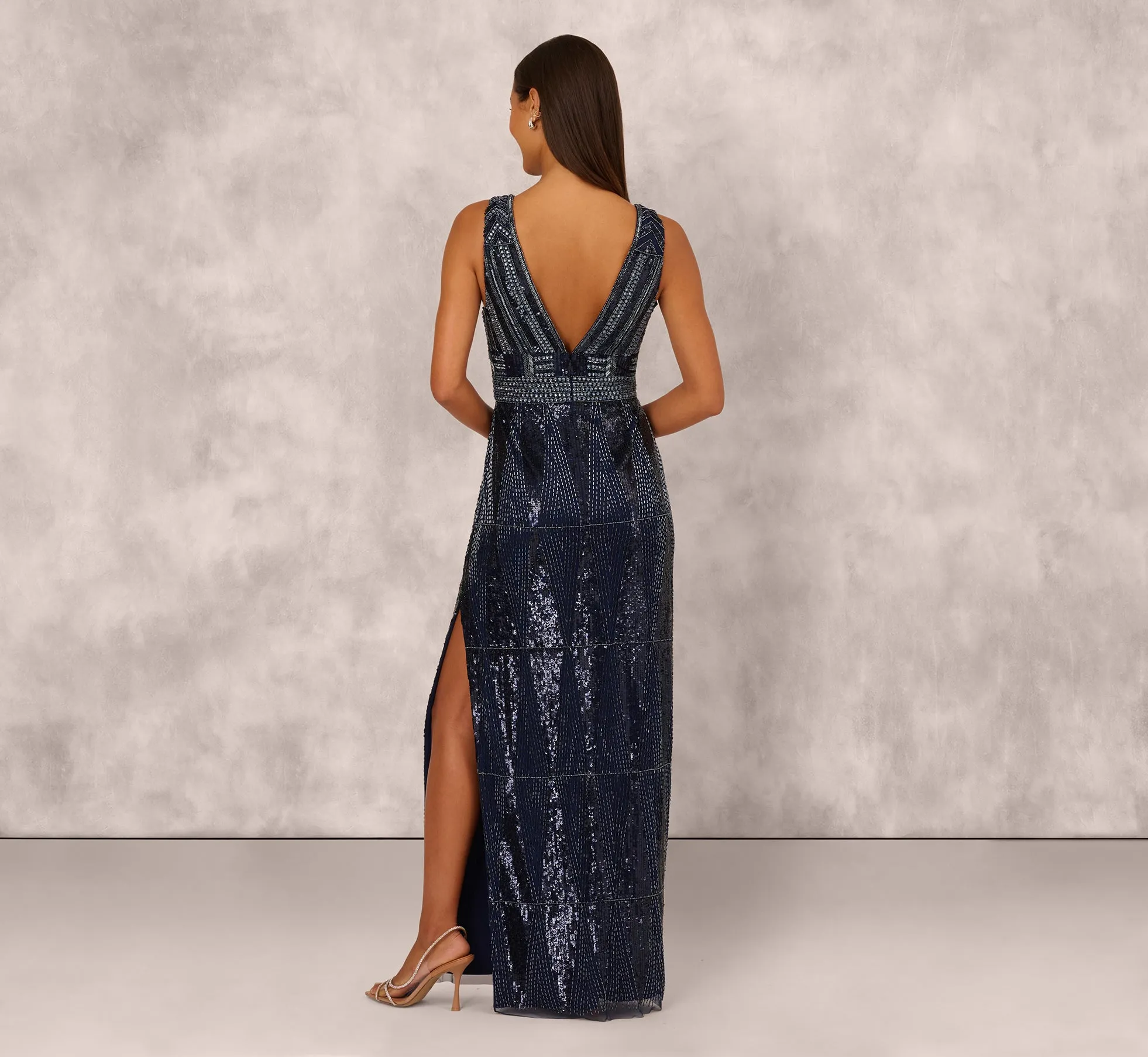 Fully Beaded Plunge Long Dress In Navy Gunmetal sold by Adrianna Papell product image thumbnail 5