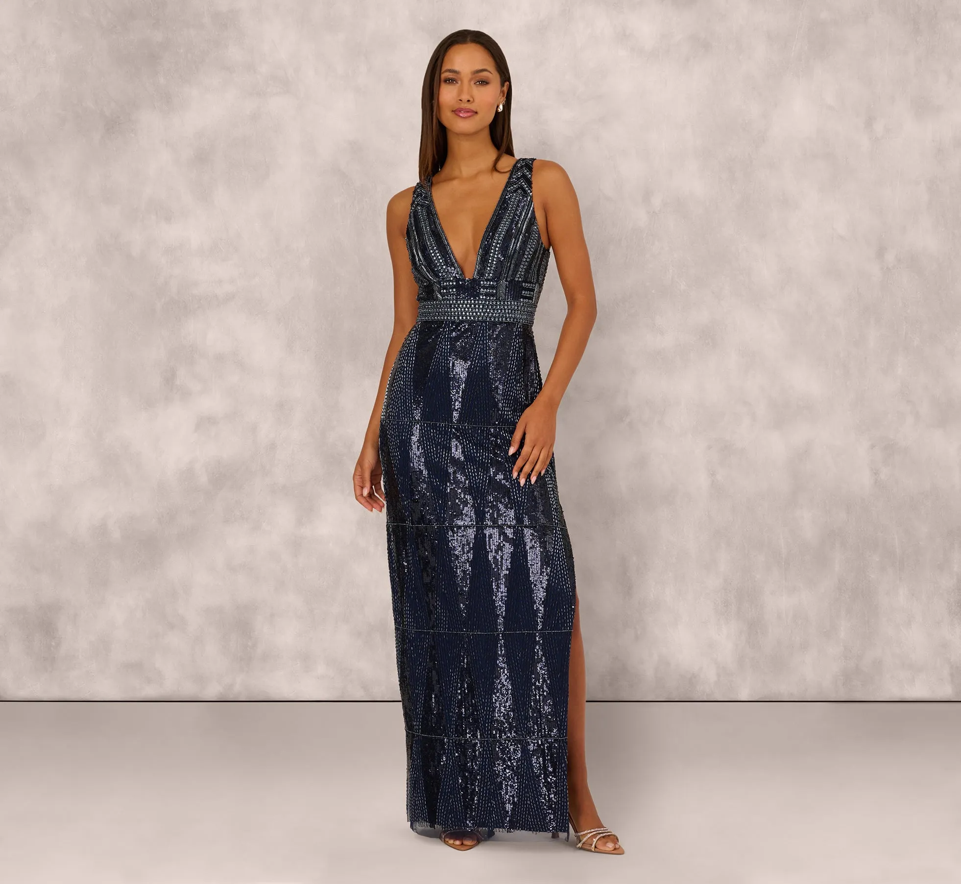 Fully Beaded Plunge Long Dress In Navy Gunmetal sold by Adrianna Papell product image thumbnail 2
