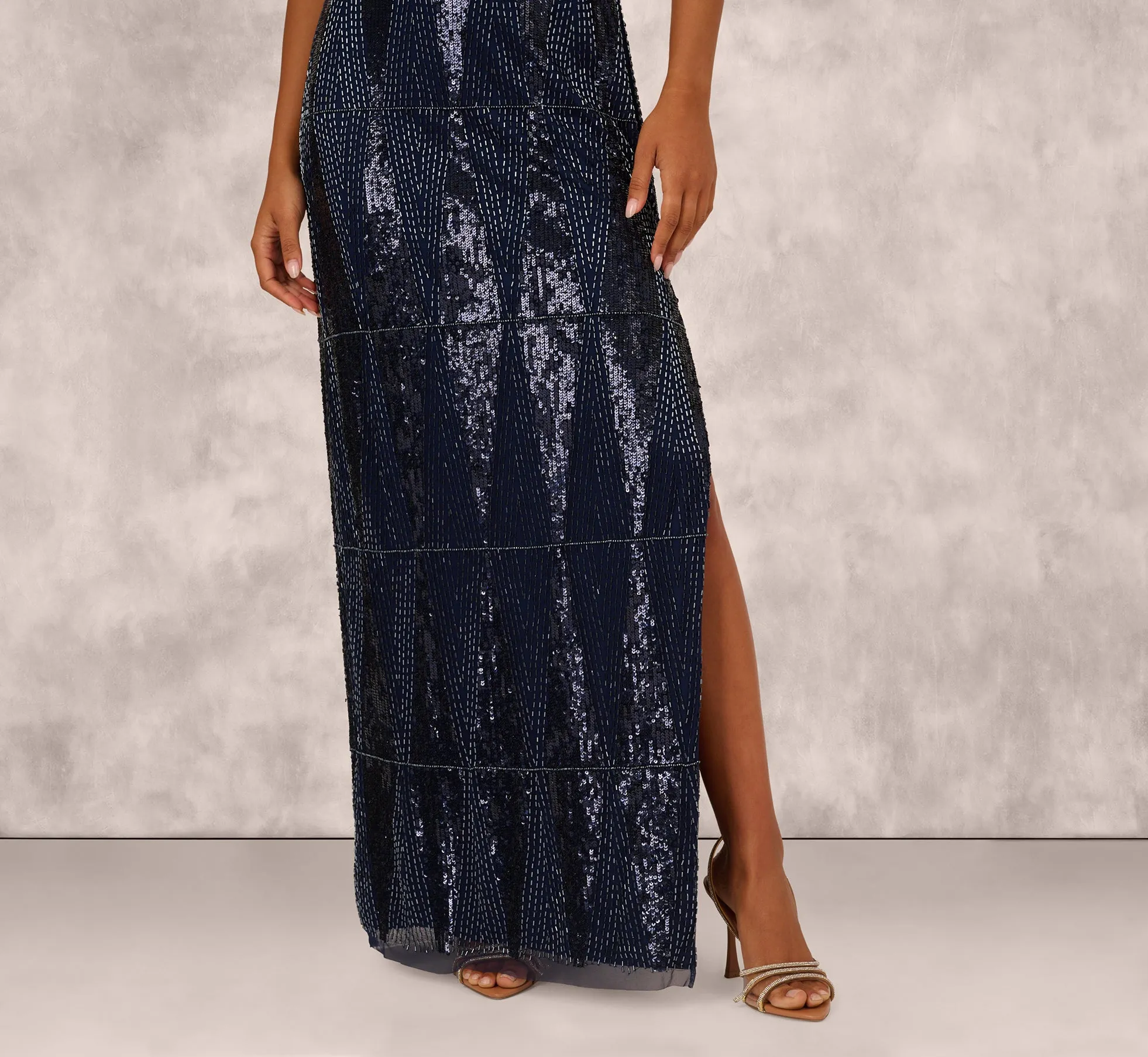 Fully Beaded Plunge Long Dress In Navy Gunmetal sold by Adrianna Papell product image thumbnail 4