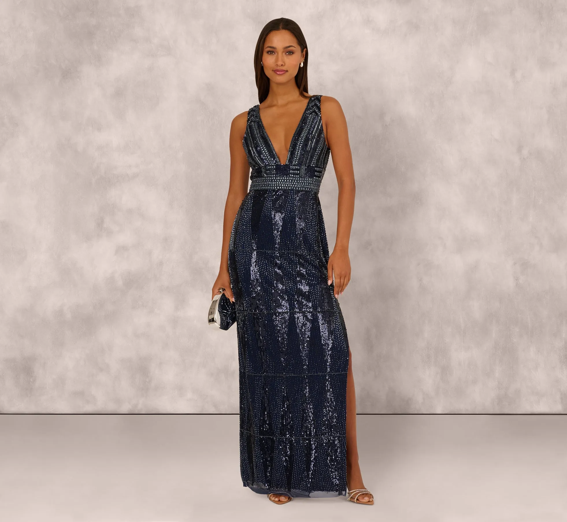 Fully Beaded Plunge Long Dress In Navy Gunmetal sold by Adrianna Papell
