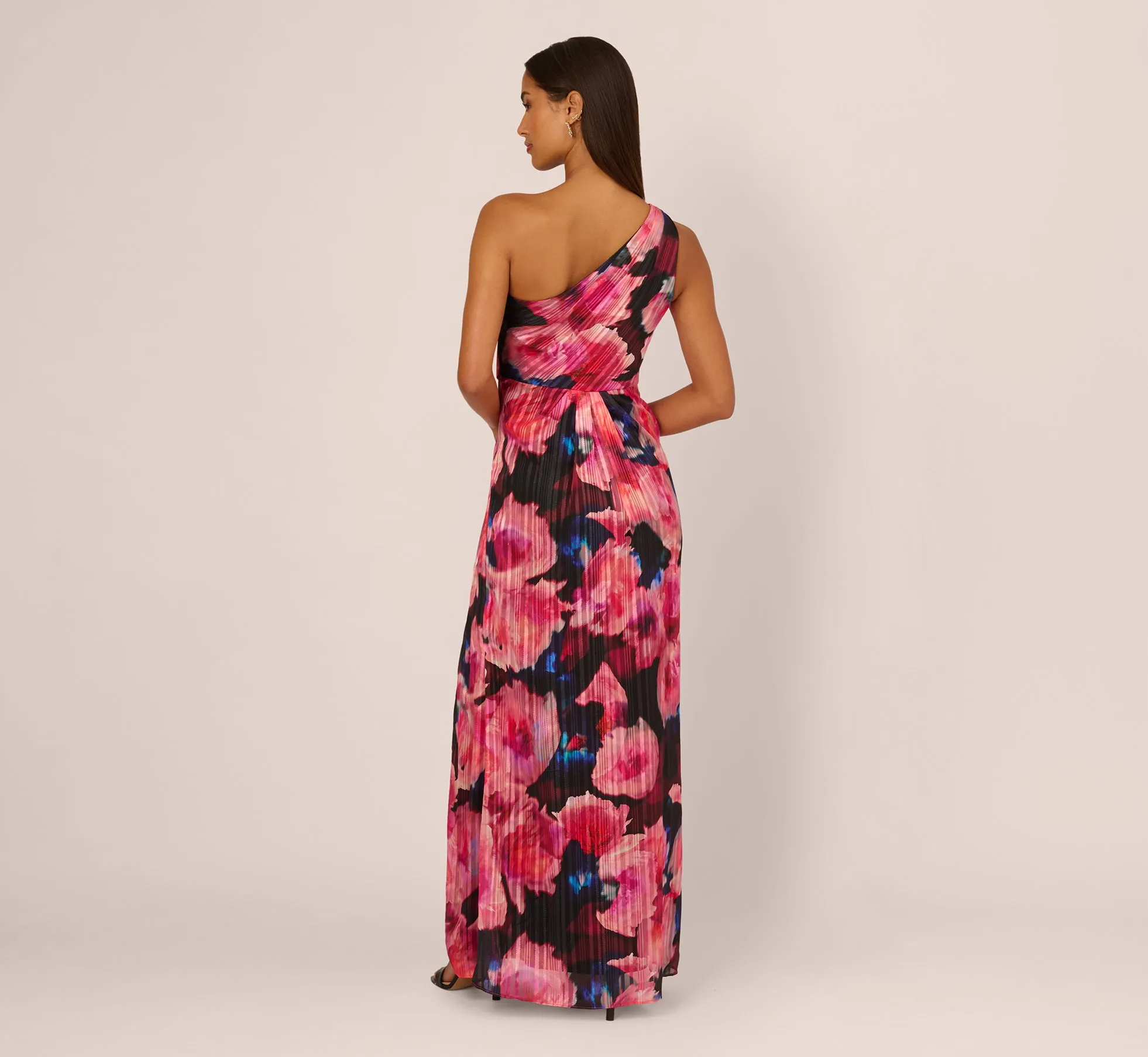 Floral Print Chiffon Gown With One Shoulder Neckline In Black Berry sold by Adrianna Papell product image thumbnail 5