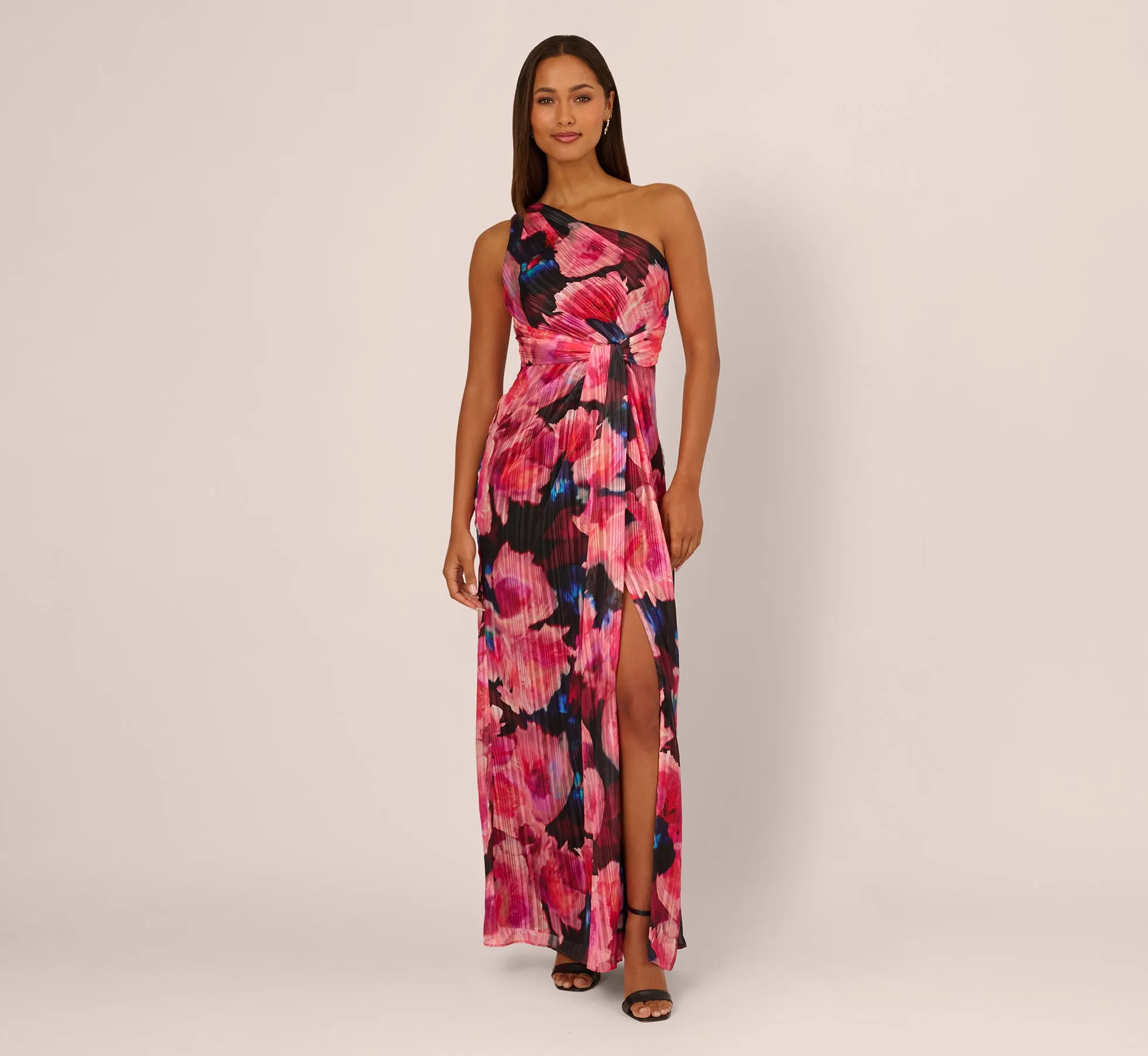 Floral Print Chiffon Gown With One Shoulder Neckline In Black Berry sold by Adrianna Papell product image thumbnail 2