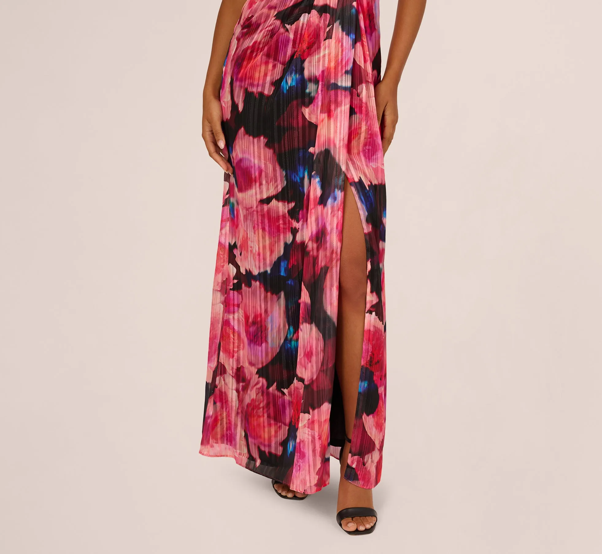 Floral Print Chiffon Gown With One Shoulder Neckline In Black Berry sold by Adrianna Papell product image thumbnail 3