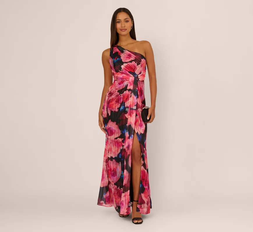 Floral Print Chiffon Gown With One Shoulder Neckline In Black Berry sold by Adrianna Papell