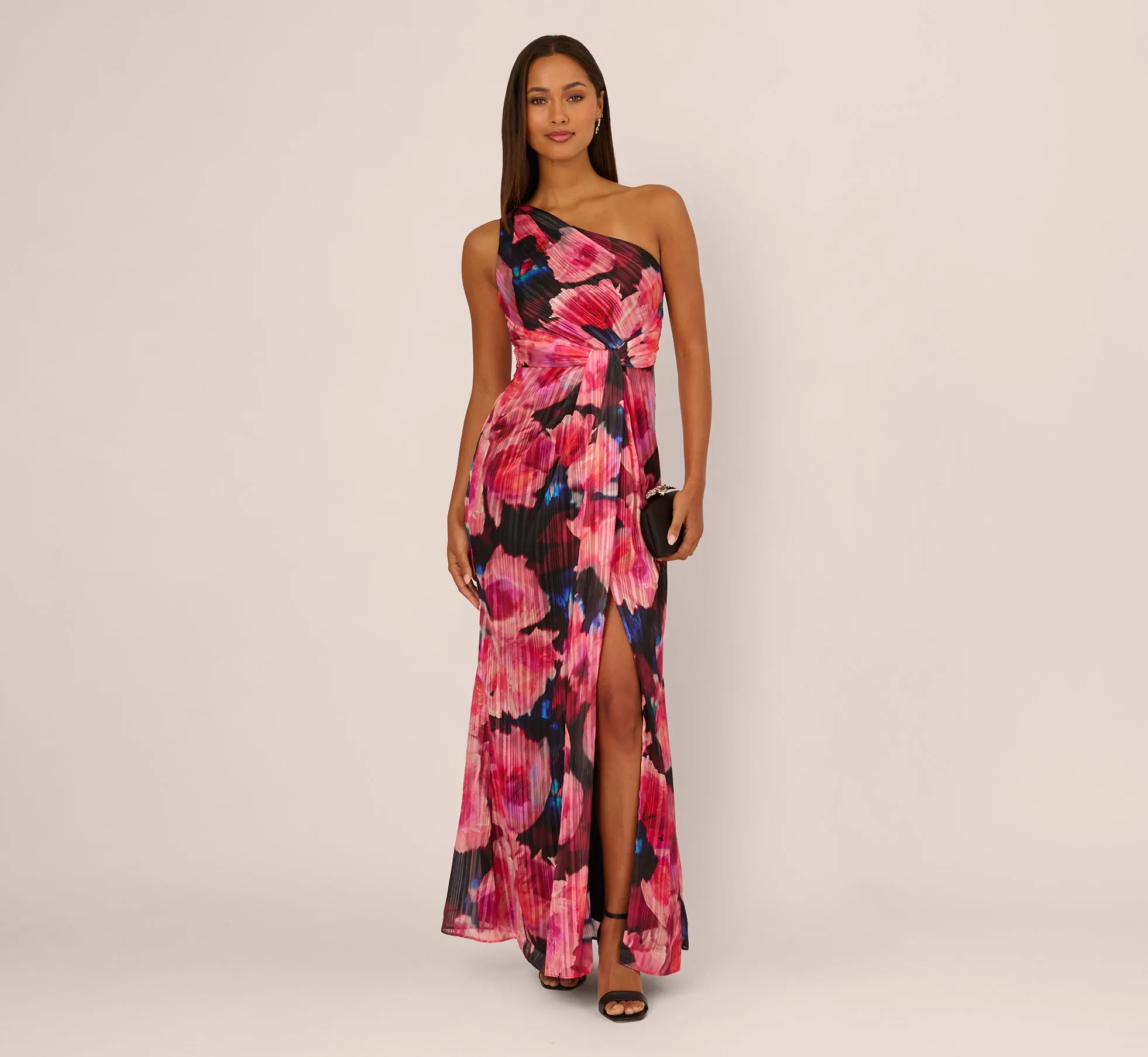 Floral Print Chiffon Gown With One Shoulder Neckline In Black Berry sold by Adrianna Papell