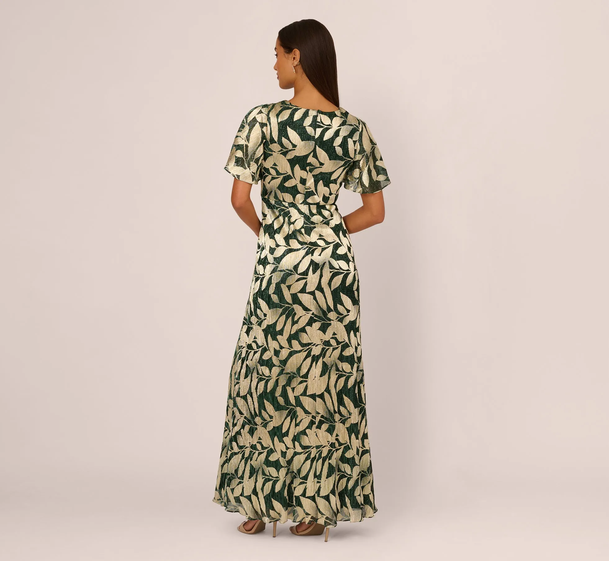 Foil Leaf Short Sleeve Gown With Draped Details In Green Pine Gold sold by Adrianna Papell product image thumbnail 5