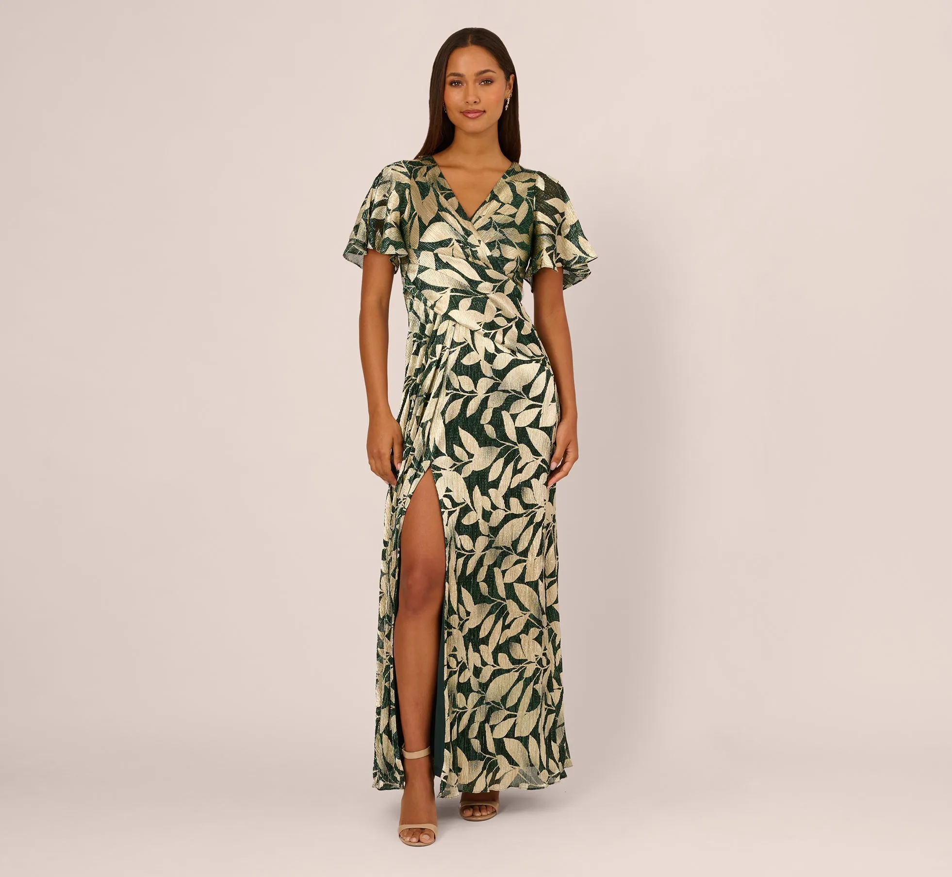 Foil Leaf Short Sleeve Gown With Draped Details In Green Pine Gold sold by Adrianna Papell product image thumbnail 2
