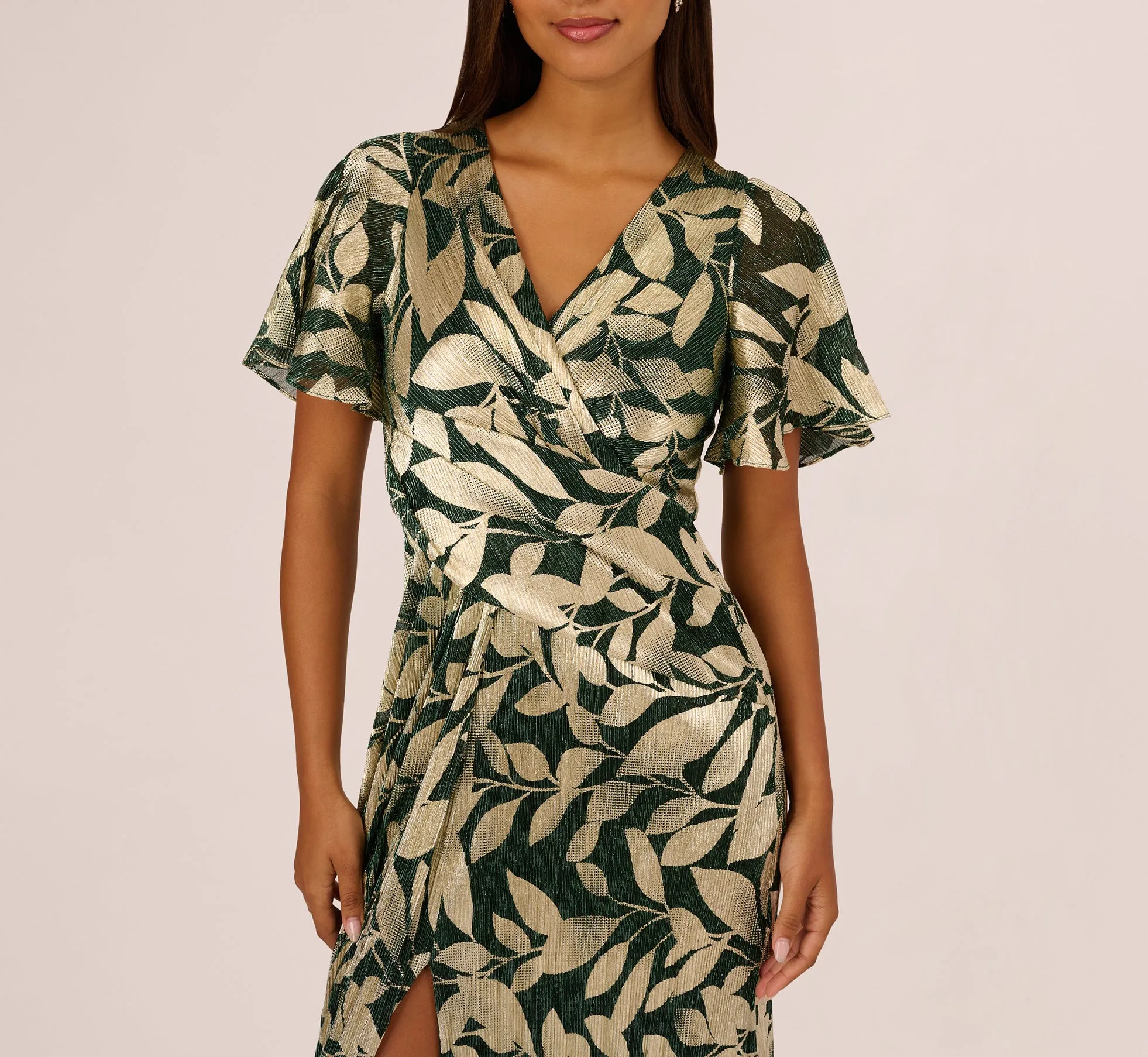 Foil Leaf Short Sleeve Gown With Draped Details In Green Pine Gold sold by Adrianna Papell product image thumbnail 3