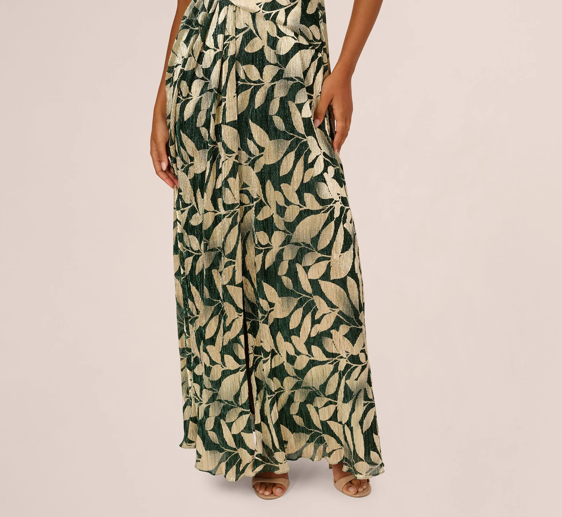 Foil Leaf Short Sleeve Gown With Draped Details In Green Pine Gold sold by Adrianna Papell product image thumbnail 4