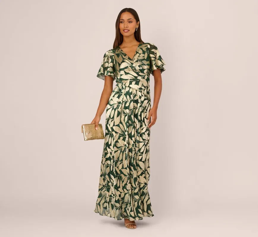 Foil Leaf Short Sleeve Gown With Draped Details In Green Pine Gold sold by Adrianna Papell