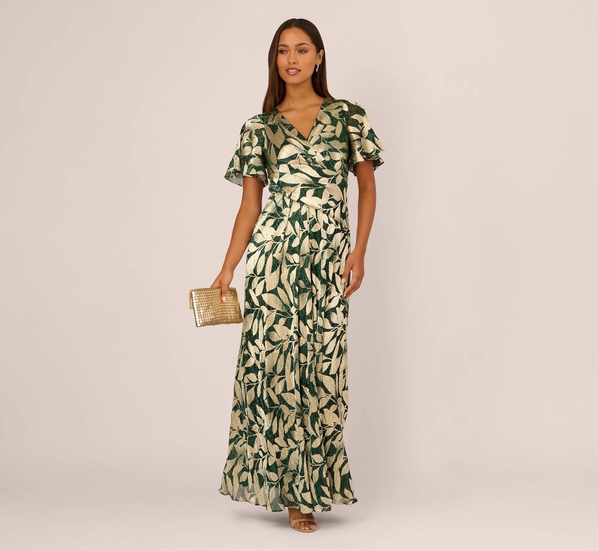 Foil Leaf Short Sleeve Gown With Draped Details In Green Pine Gold sold by Adrianna Papell
