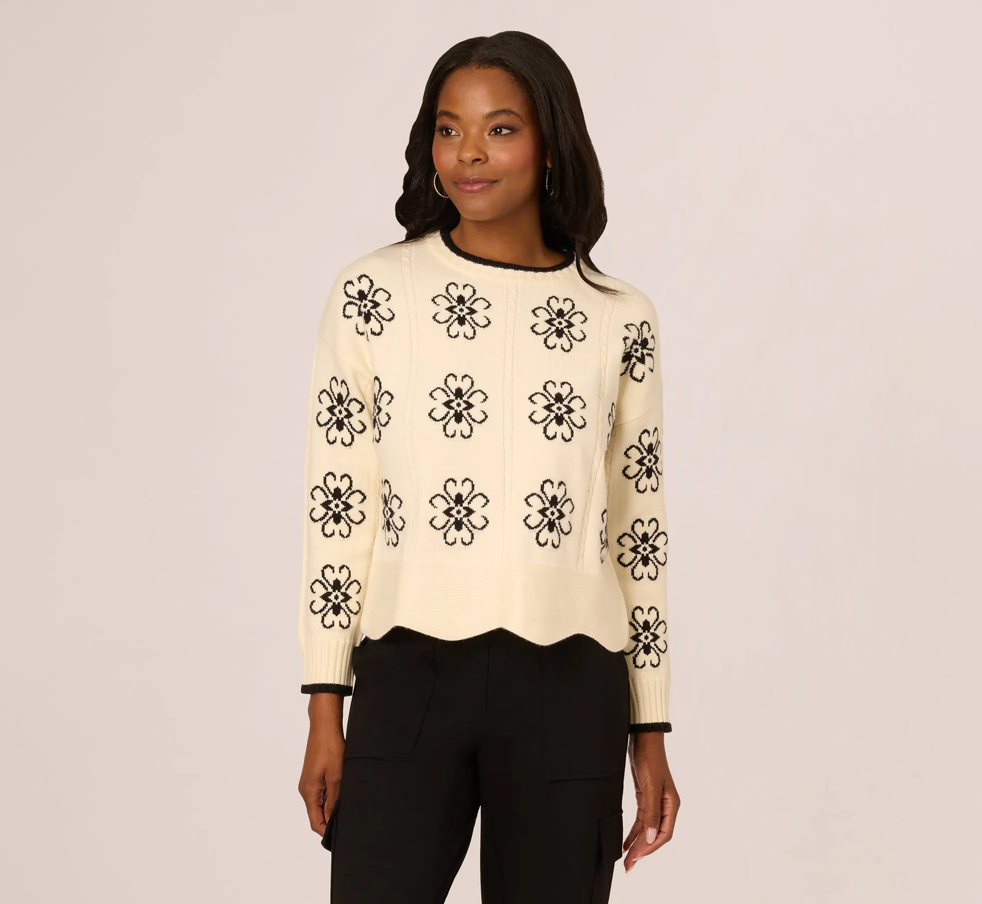 Floral Cable Knit Pullover Sweater In Cream Black sold by Adrianna Papell product image thumbnail 3