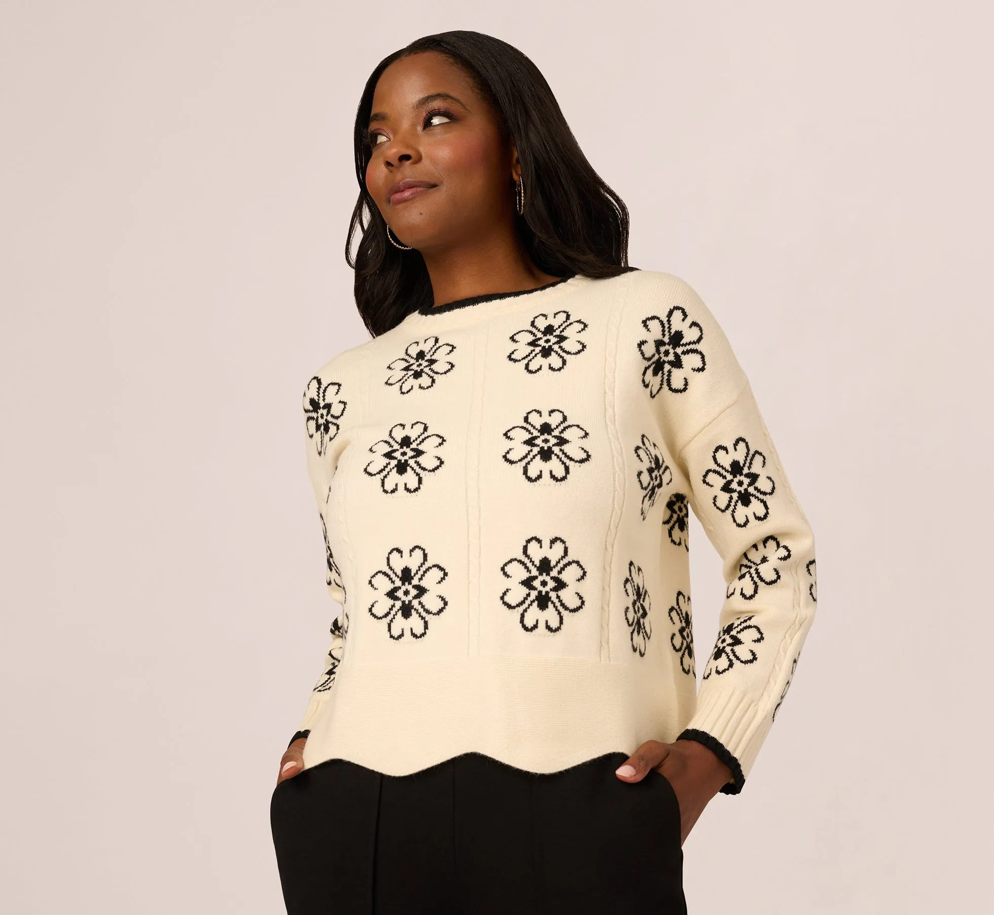 Floral Cable Knit Pullover Sweater In Cream Black sold by Adrianna Papell