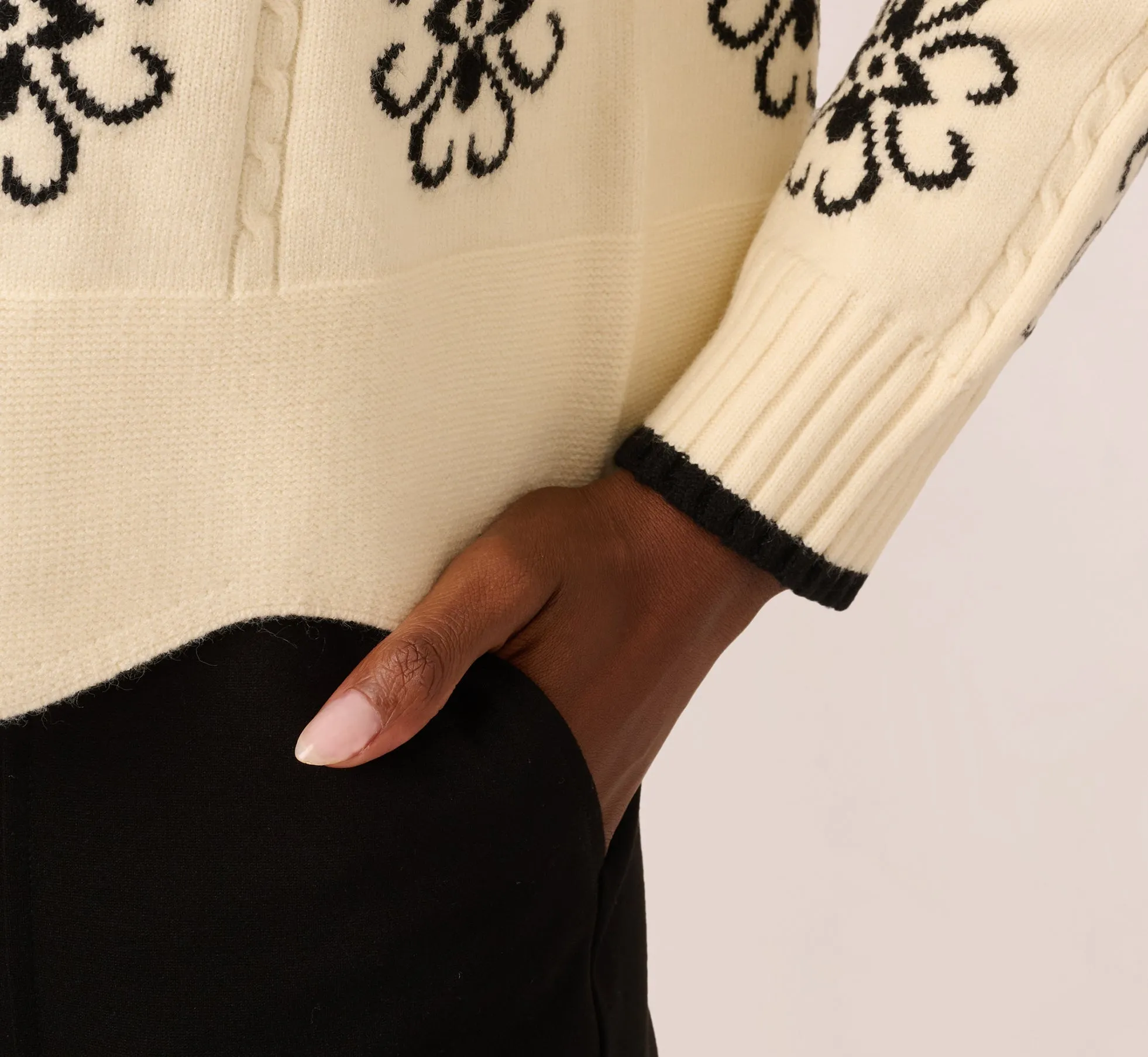 Floral Cable Knit Pullover Sweater In Cream Black sold by Adrianna Papell product image thumbnail 5