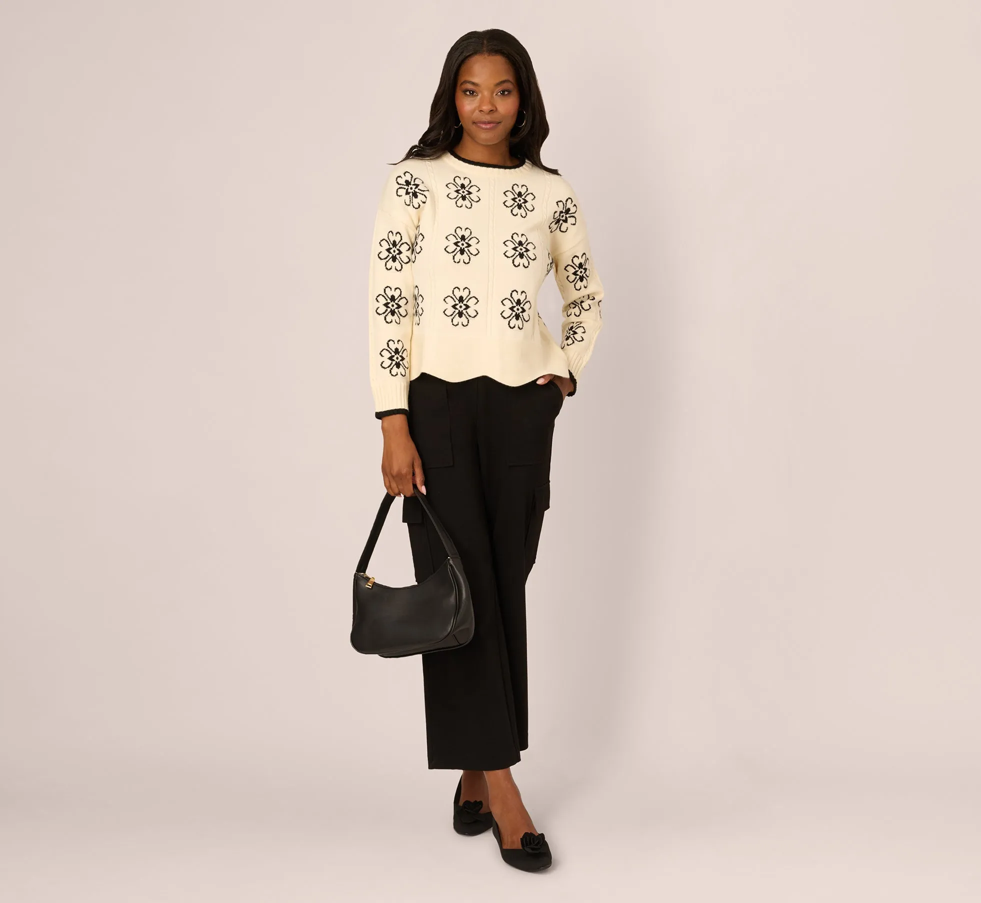Floral Cable Knit Pullover Sweater In Cream Black sold by Adrianna Papell product image thumbnail 2