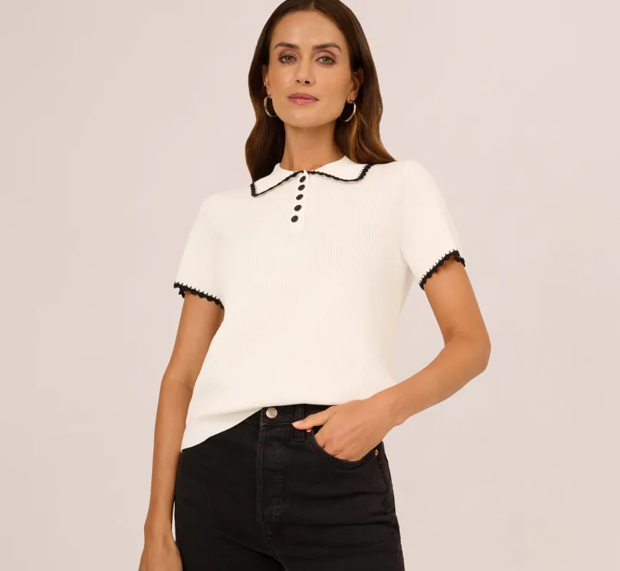 Short Sleeve Scalloped Trim Polo Sweater In Cream Black sold by Adrianna Papell