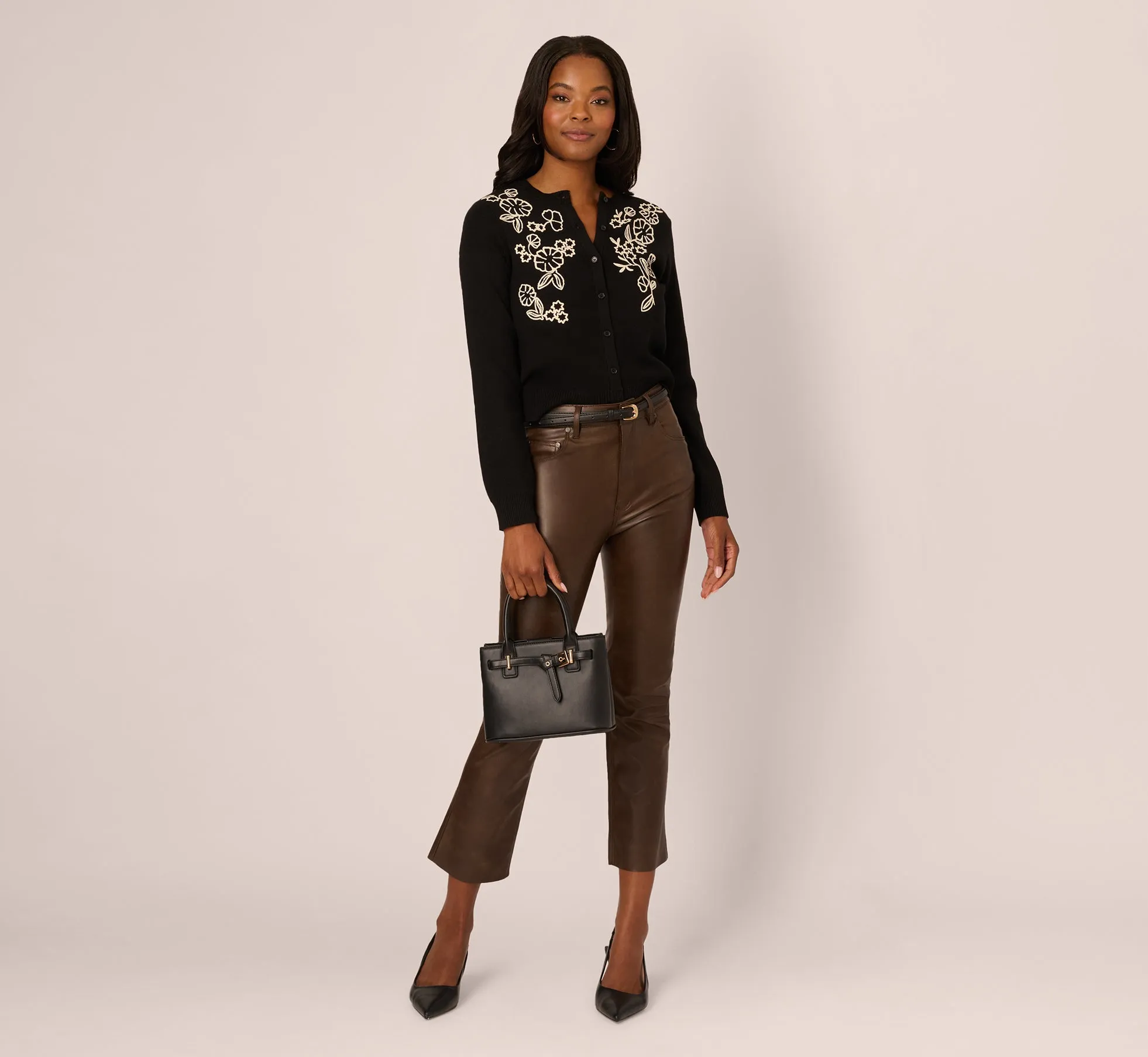 Floral Embroidered Cardigan Sweater In Black Cream sold by Adrianna Papell product image thumbnail 2