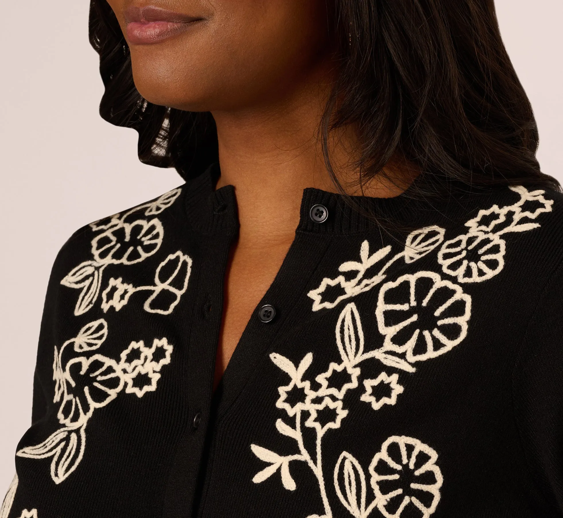 Floral Embroidered Cardigan Sweater In Black Cream sold by Adrianna Papell product image thumbnail 4