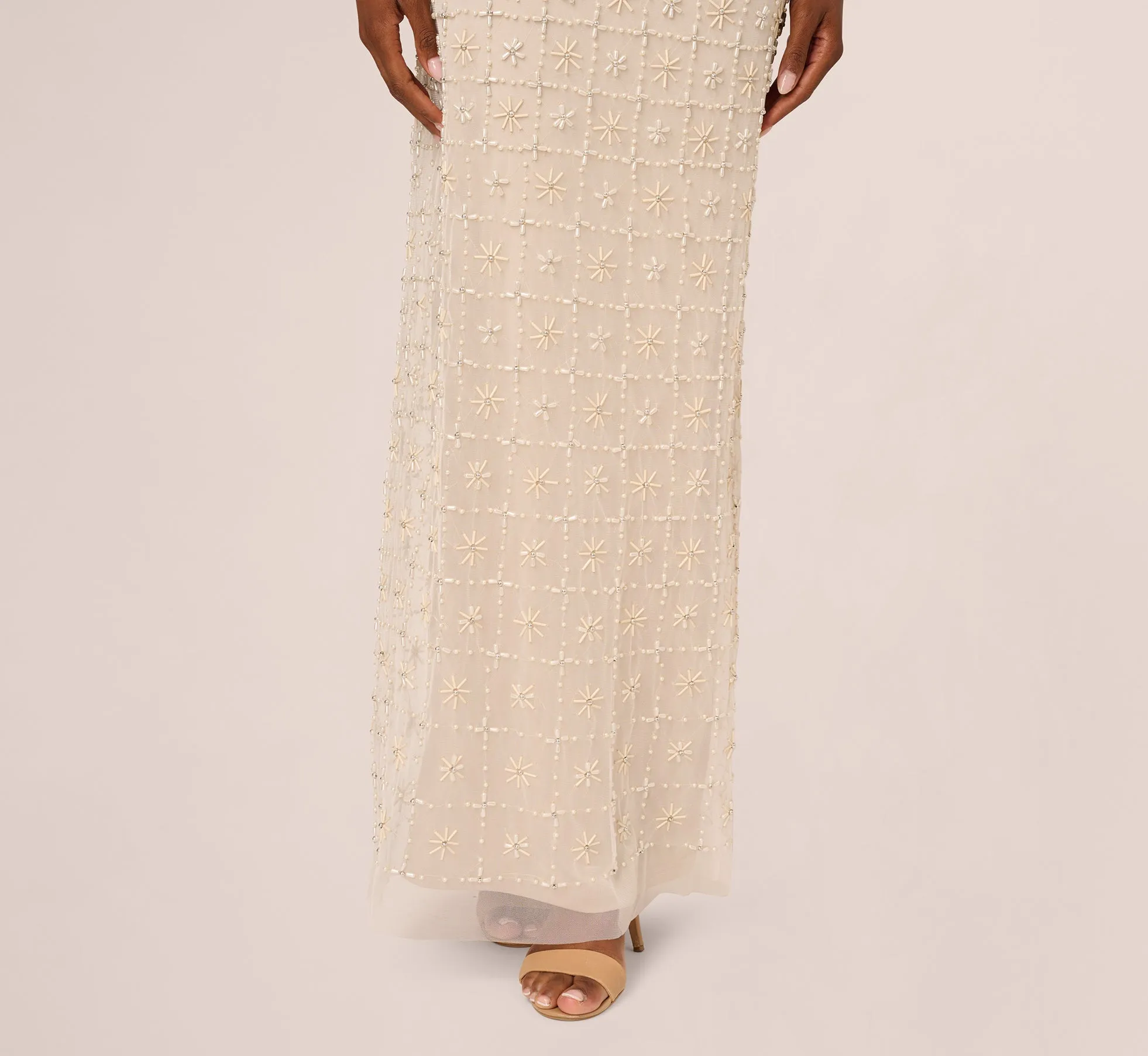 Off Shoulder Pearly Beaded Column Gown In Ivory Nude sold by Adrianna Papell product image thumbnail 4