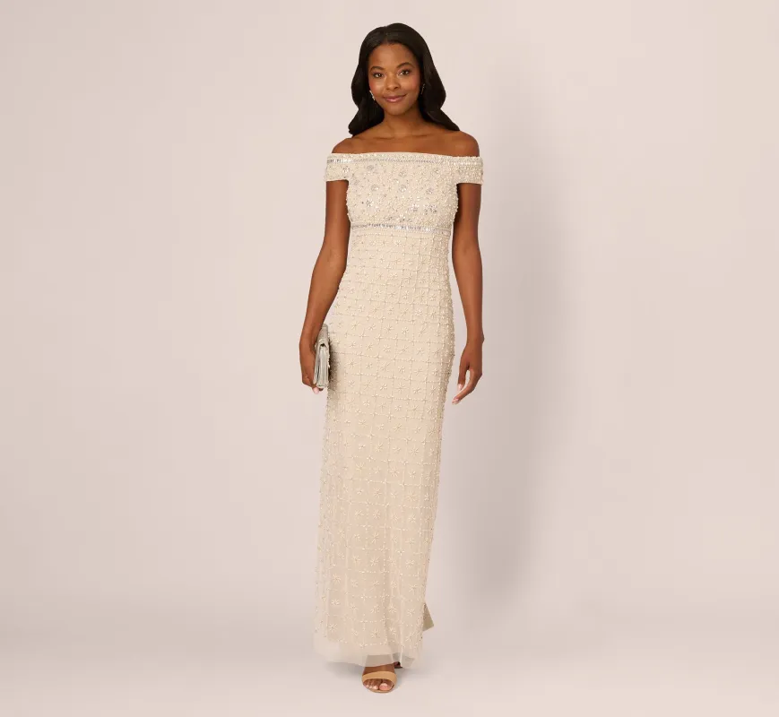 Off Shoulder Pearly Beaded Column Gown In Ivory Nude sold by Adrianna Papell