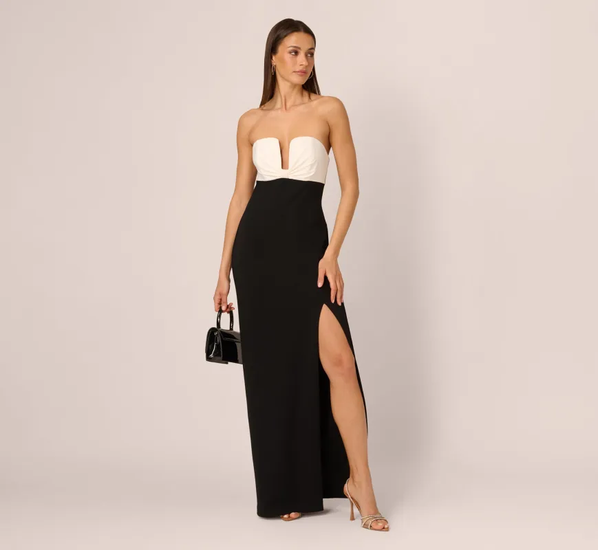 Strapless Plunge Color Block Gown In Black Ivory sold by Adrianna Papell