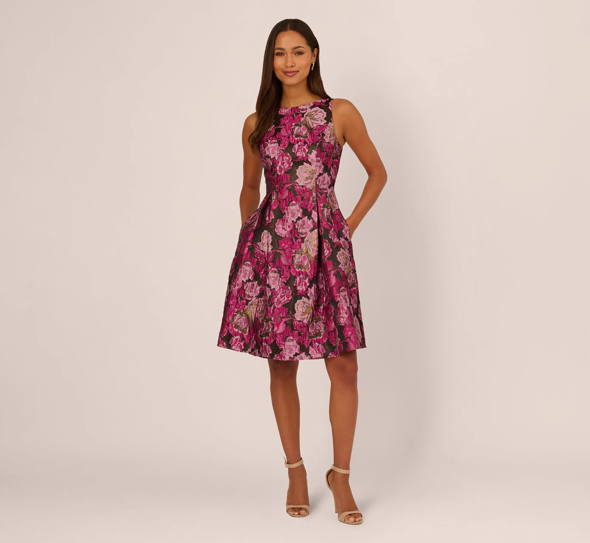 Rose Jacquard Envelope Back Dress In Pink Black Multi sold by Adrianna Papell