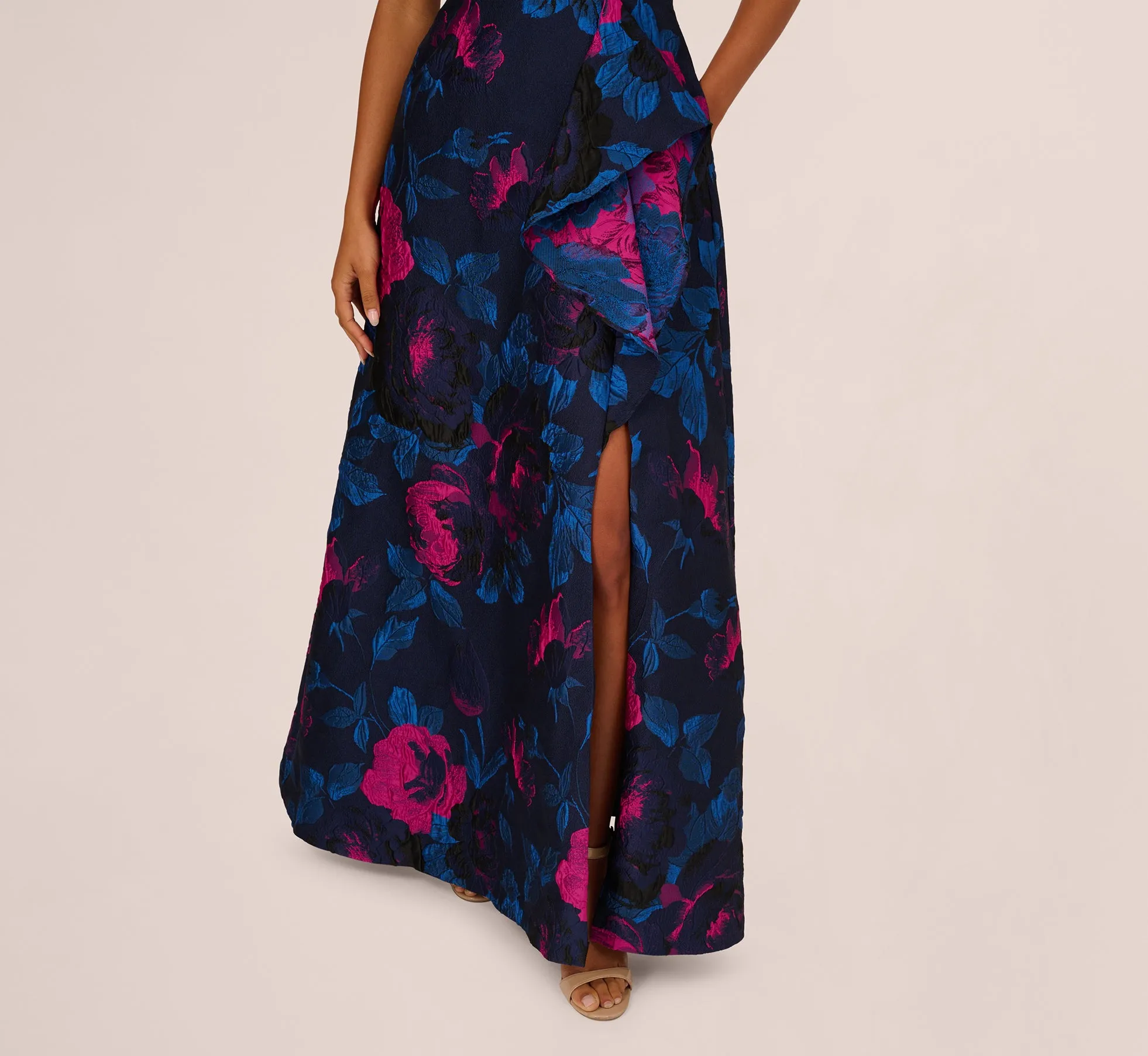 One Shoulder Floral Jacquard A Line Gown In Navy Orchid sold by Adrianna Papell product image thumbnail 5