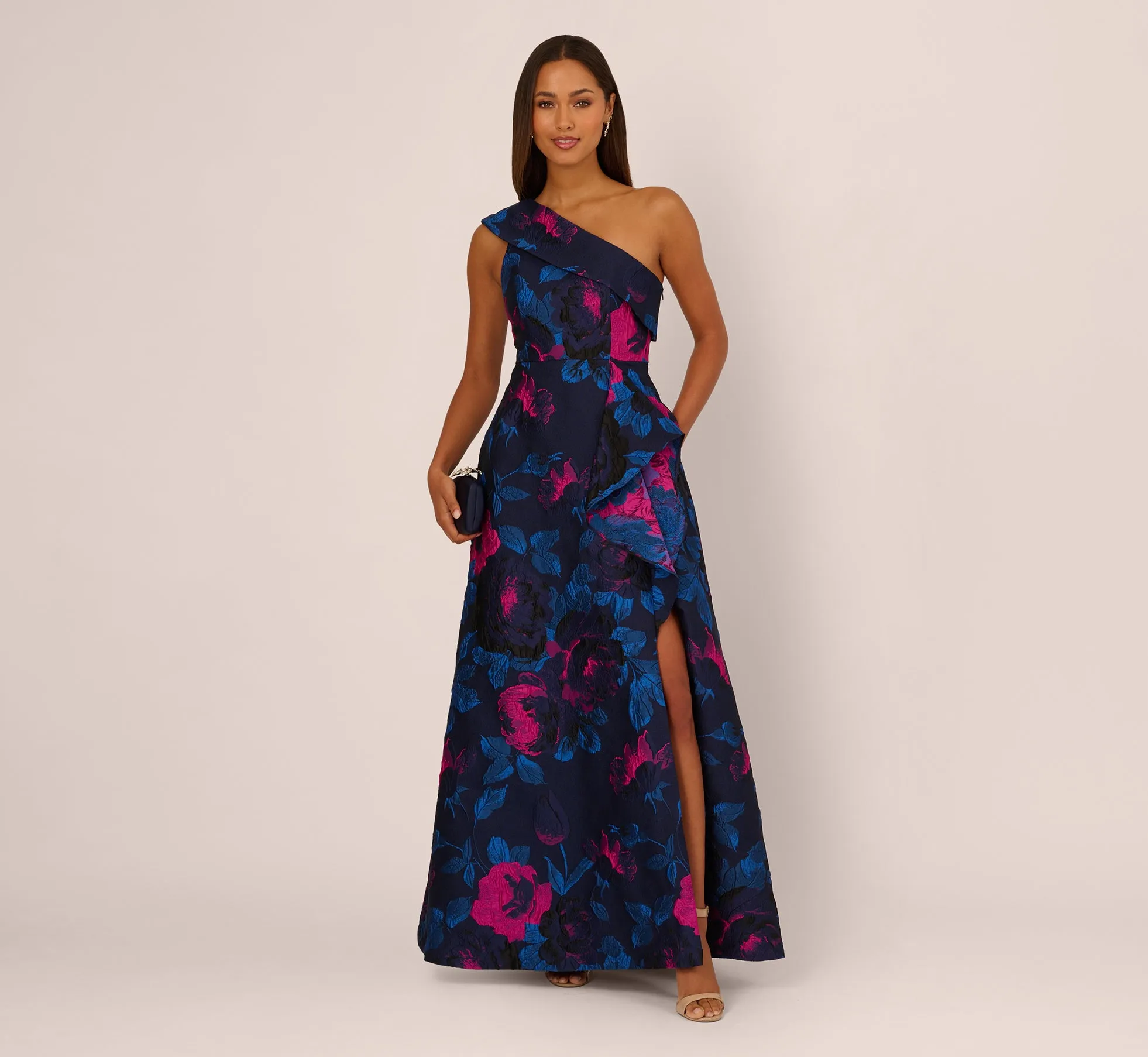 One Shoulder Floral Jacquard A Line Gown In Navy Orchid sold by Adrianna Papell product image thumbnail 2