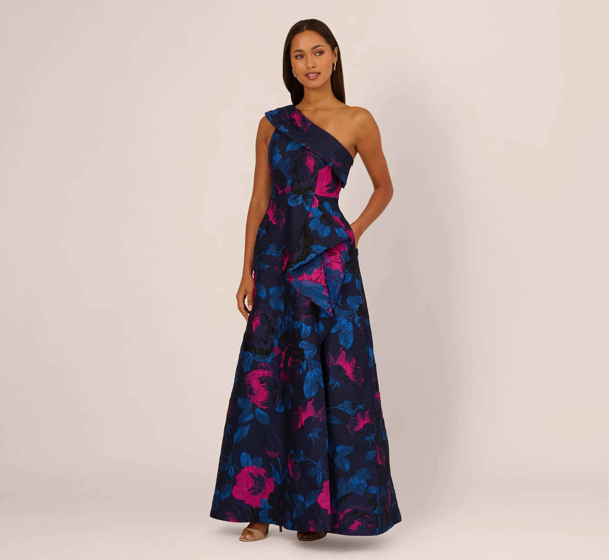 One Shoulder Floral Jacquard A Line Gown In Navy Orchid sold by Adrianna Papell product image thumbnail 3