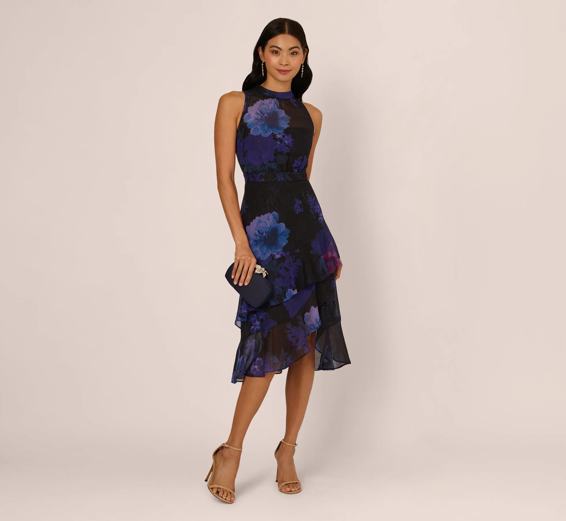 Sleeveless Glitter Floral Ruffle Midi Dress In Black Multi sold by Adrianna Papell