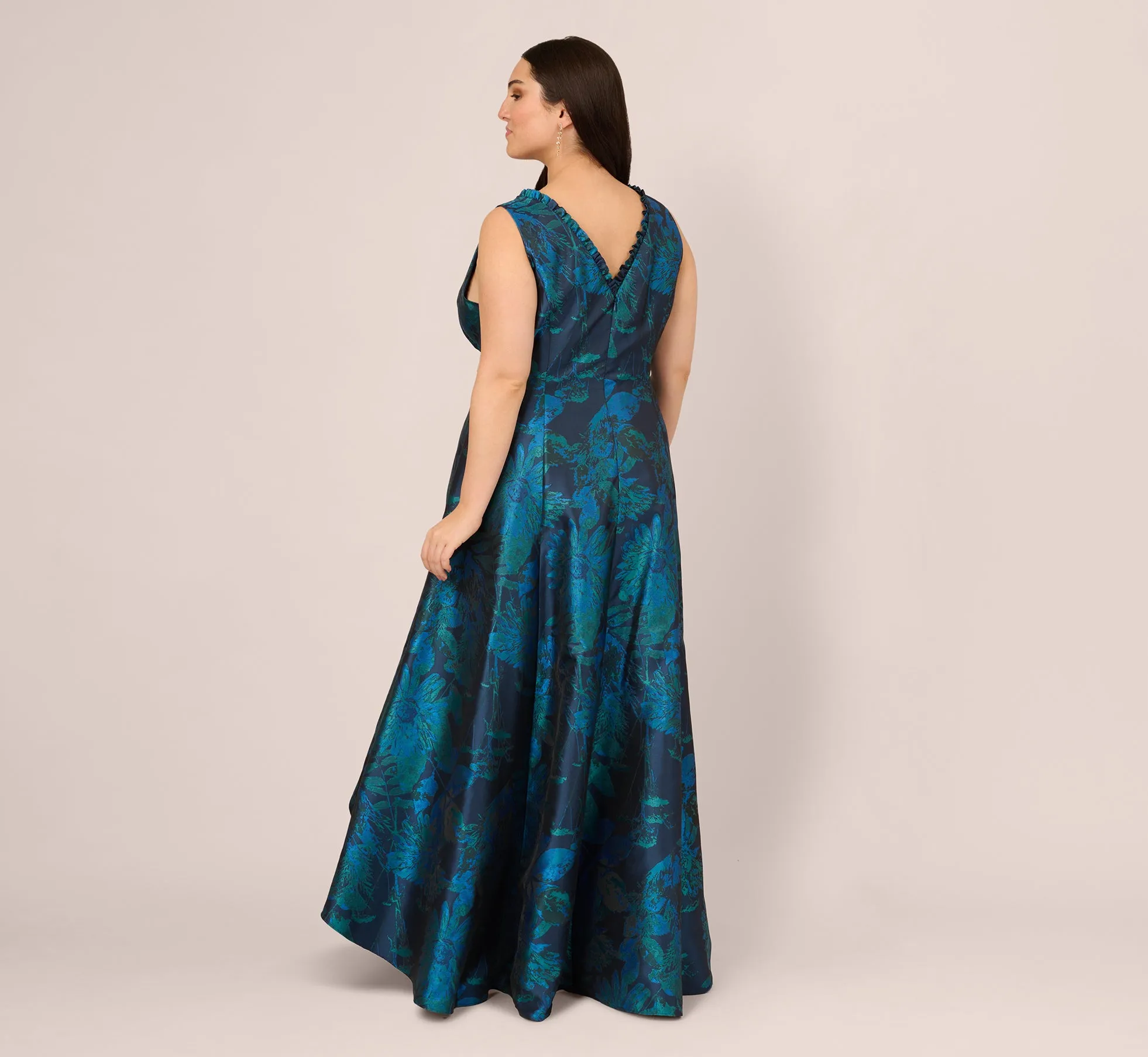 Plus Size Ruffle Floral Jacquard High Low Gown In Cobalt Multi sold by Adrianna Papell product image thumbnail 3