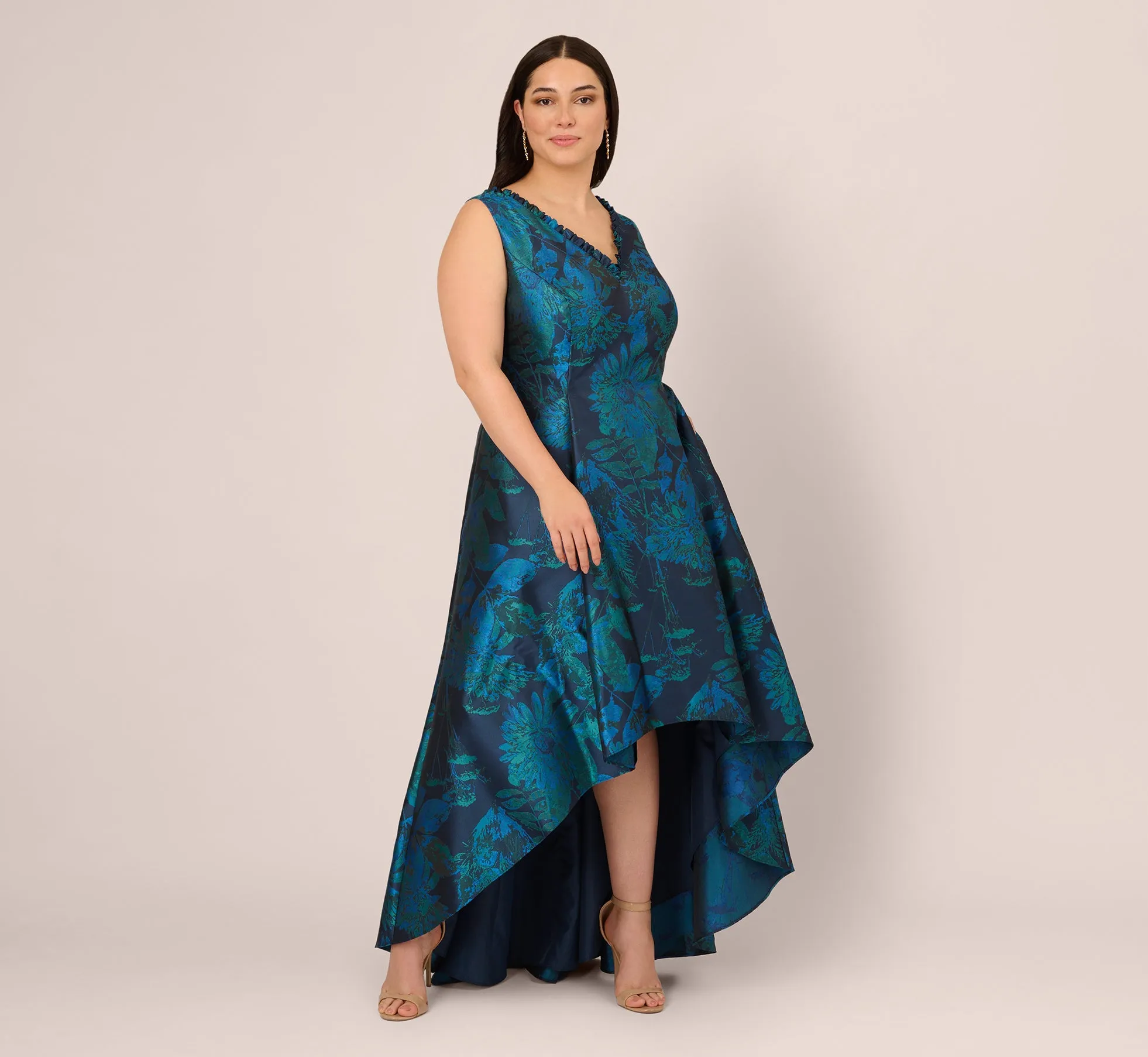 Plus Size Ruffle Floral Jacquard High Low Gown In Cobalt Multi sold by Adrianna Papell product image thumbnail 4