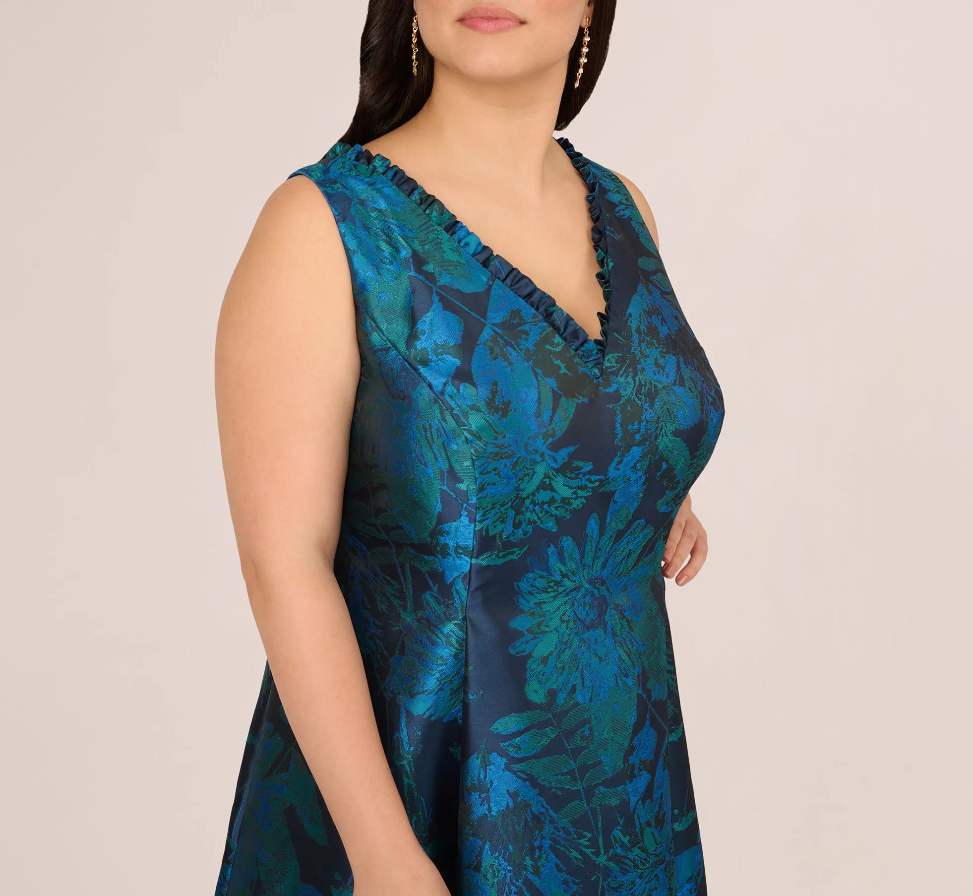 Plus Size Ruffle Floral Jacquard High Low Gown In Cobalt Multi sold by Adrianna Papell product image thumbnail 2