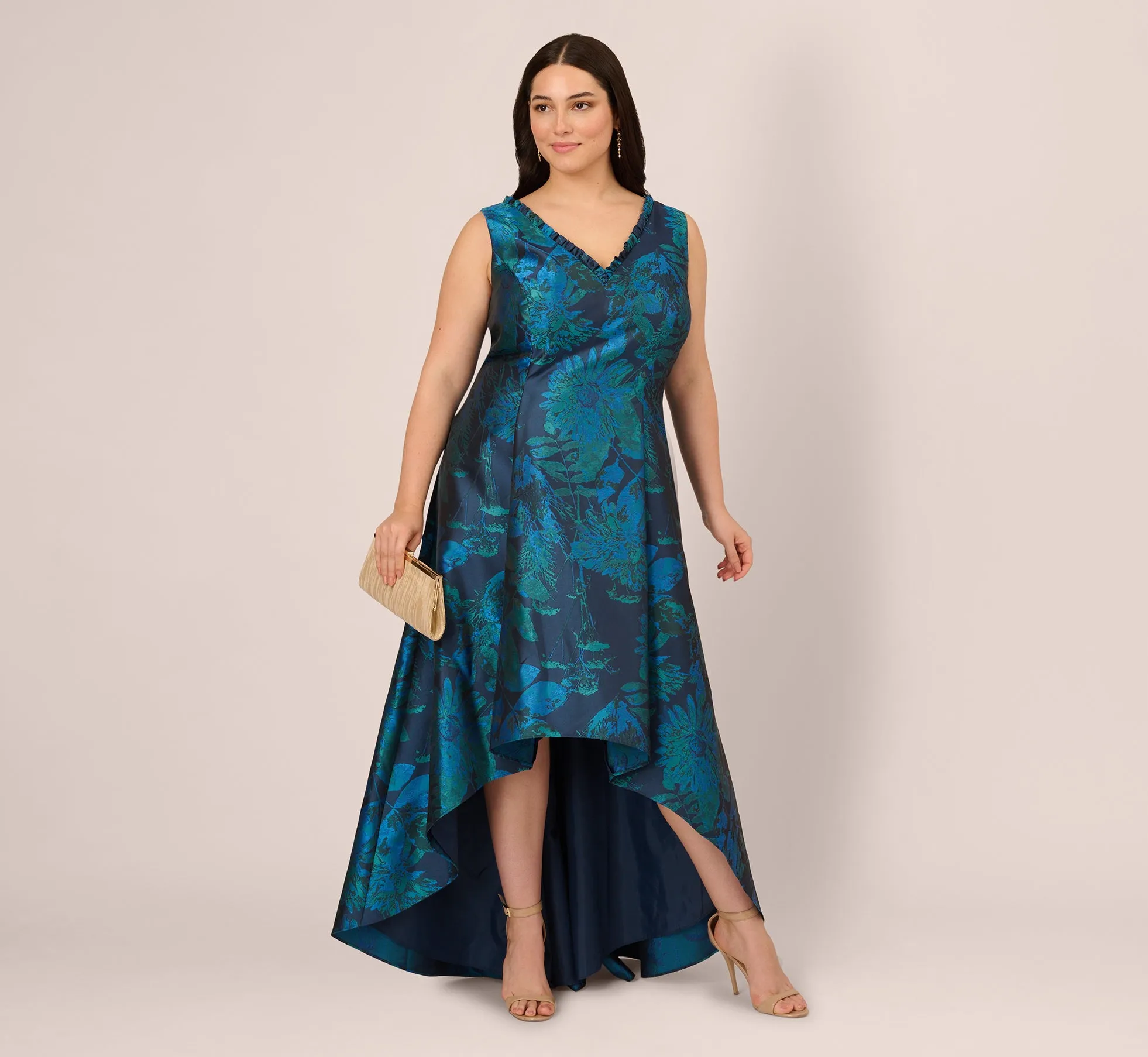 Plus Size Ruffle Floral Jacquard High Low Gown In Cobalt Multi sold by Adrianna Papell