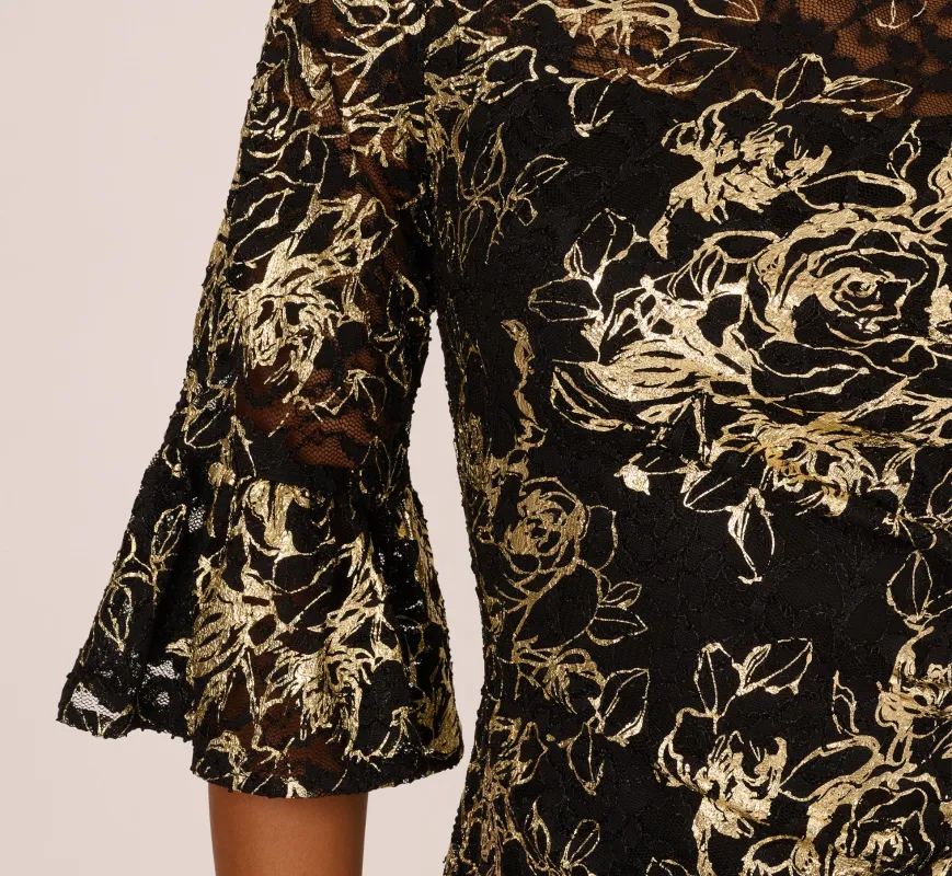 Bell Sleeve Metallic Lace Sheath Dress In Black Gold sold by Adrianna Papell