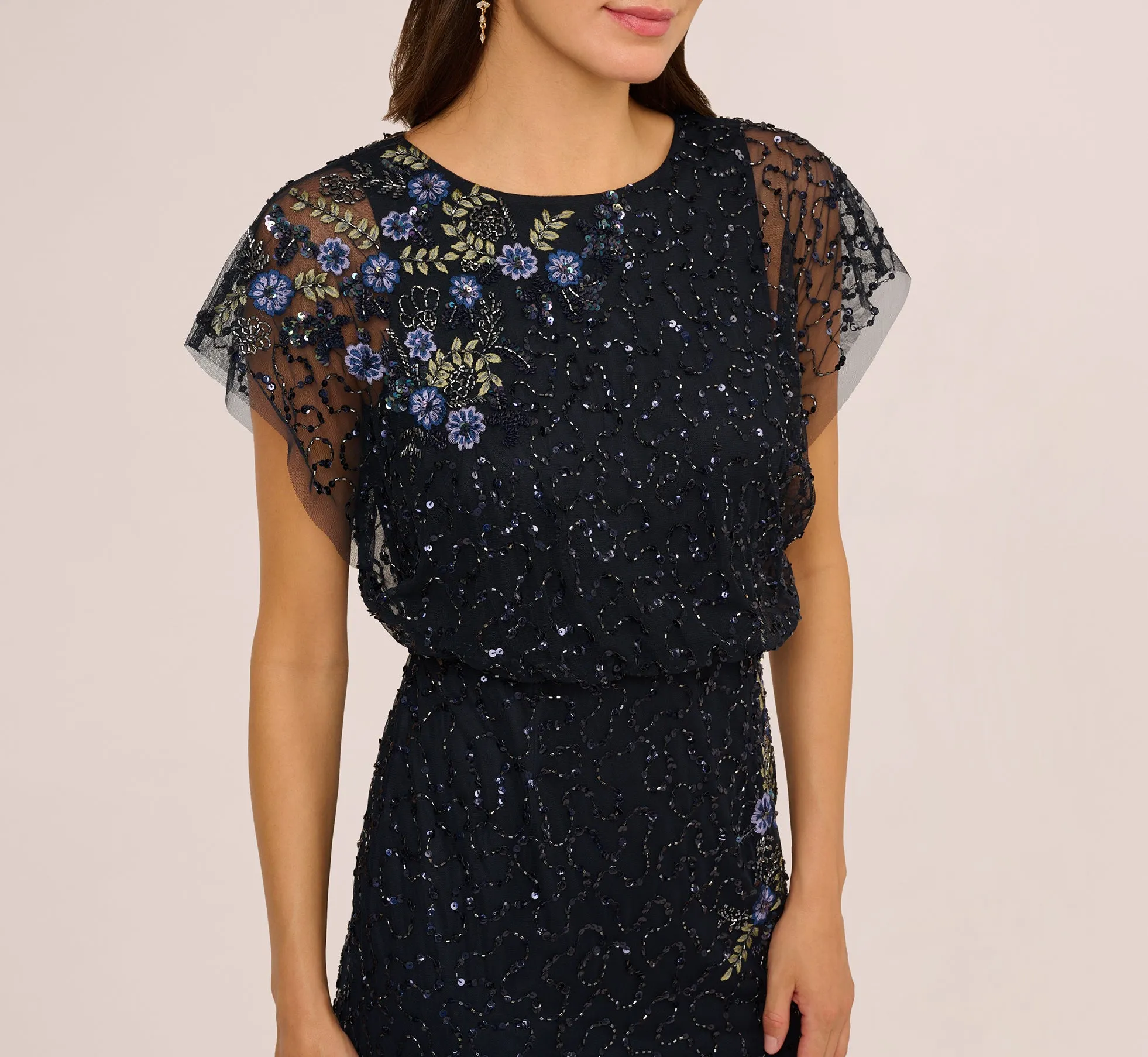 Short Sleeve Beaded Floral Embroidery Gown In Midnight Multi sold by Adrianna Papell product image thumbnail 3