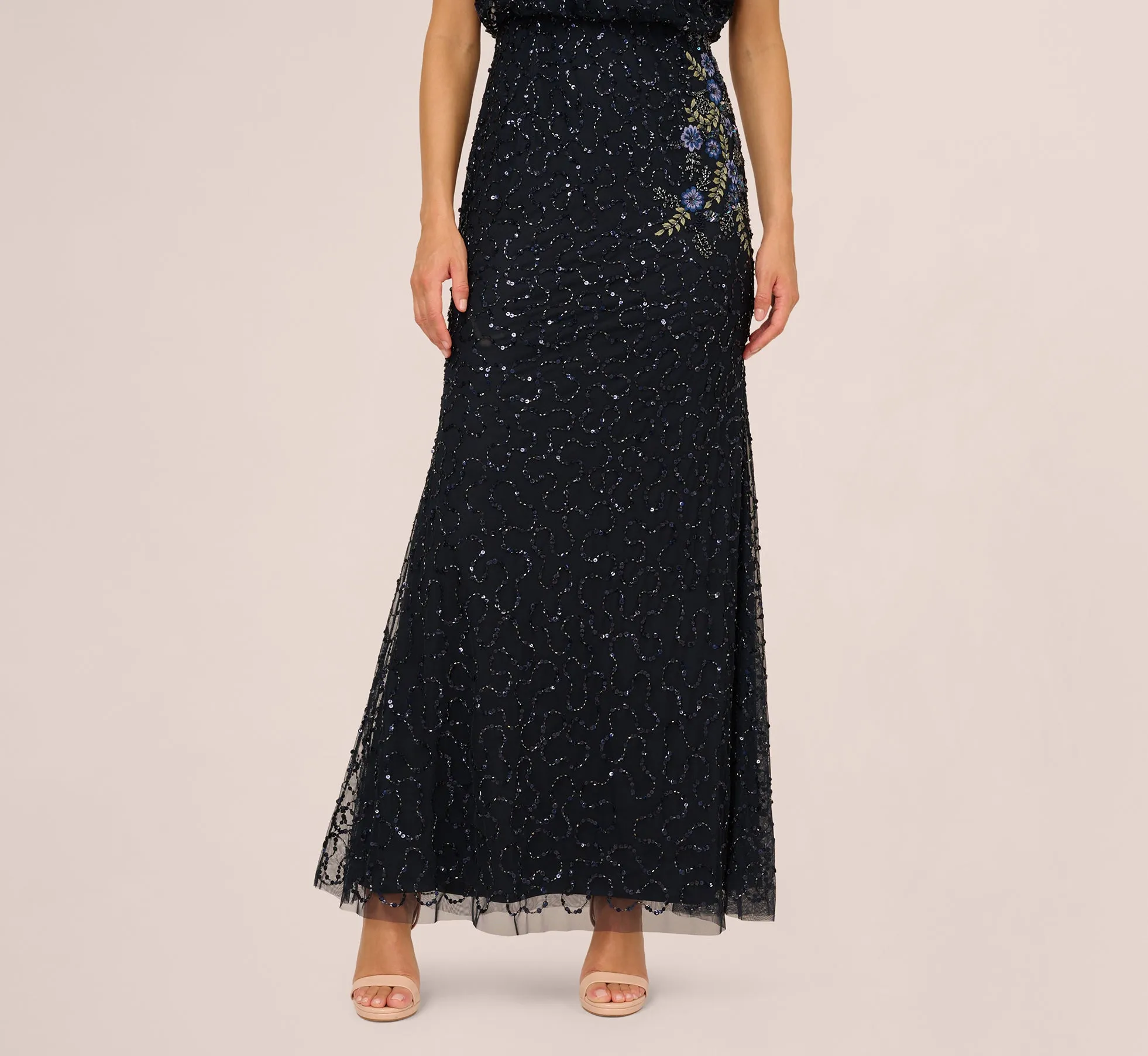 Short Sleeve Beaded Floral Embroidery Gown In Midnight Multi sold by Adrianna Papell product image thumbnail 4