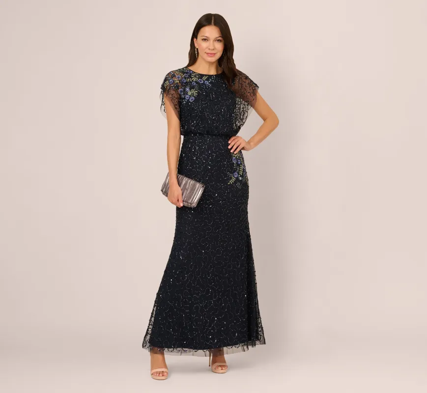 Short Sleeve Beaded Floral Embroidery Gown In Midnight Multi sold by Adrianna Papell