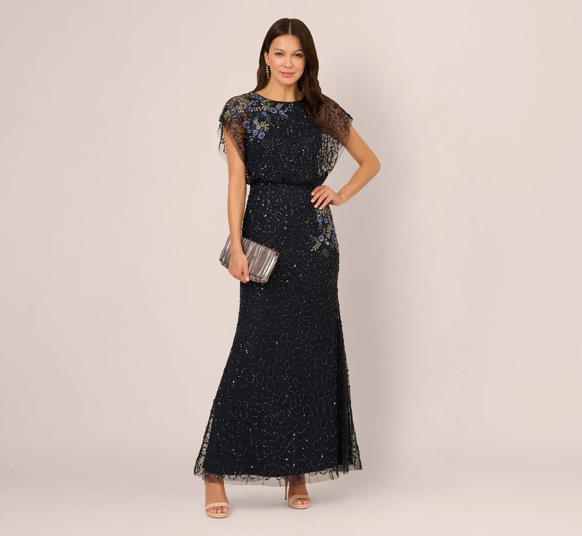 Short Sleeve Beaded Floral Embroidery Gown In Midnight Multi sold by Adrianna Papell