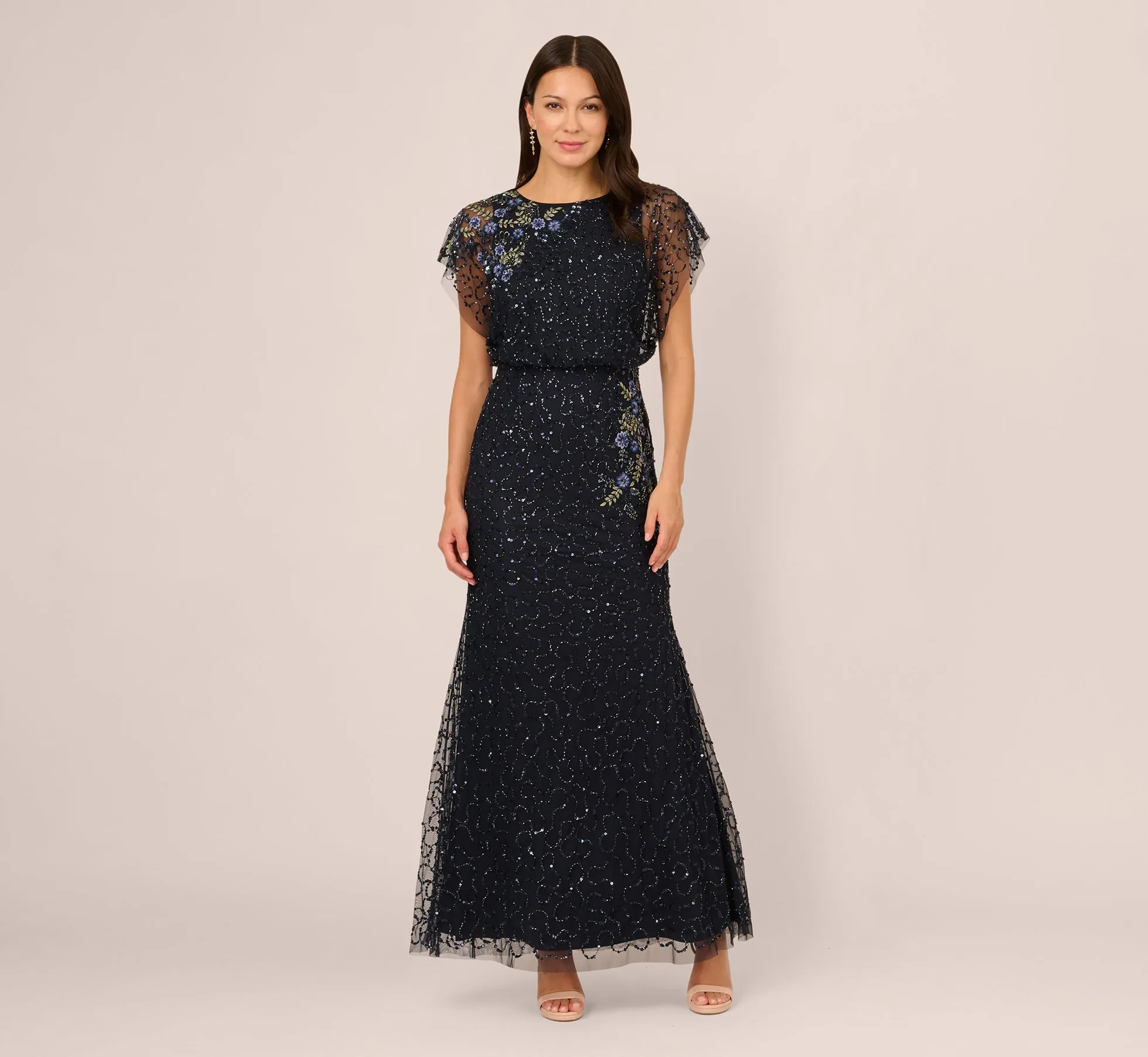 Short Sleeve Beaded Floral Embroidery Gown In Midnight Multi sold by Adrianna Papell product image thumbnail 2
