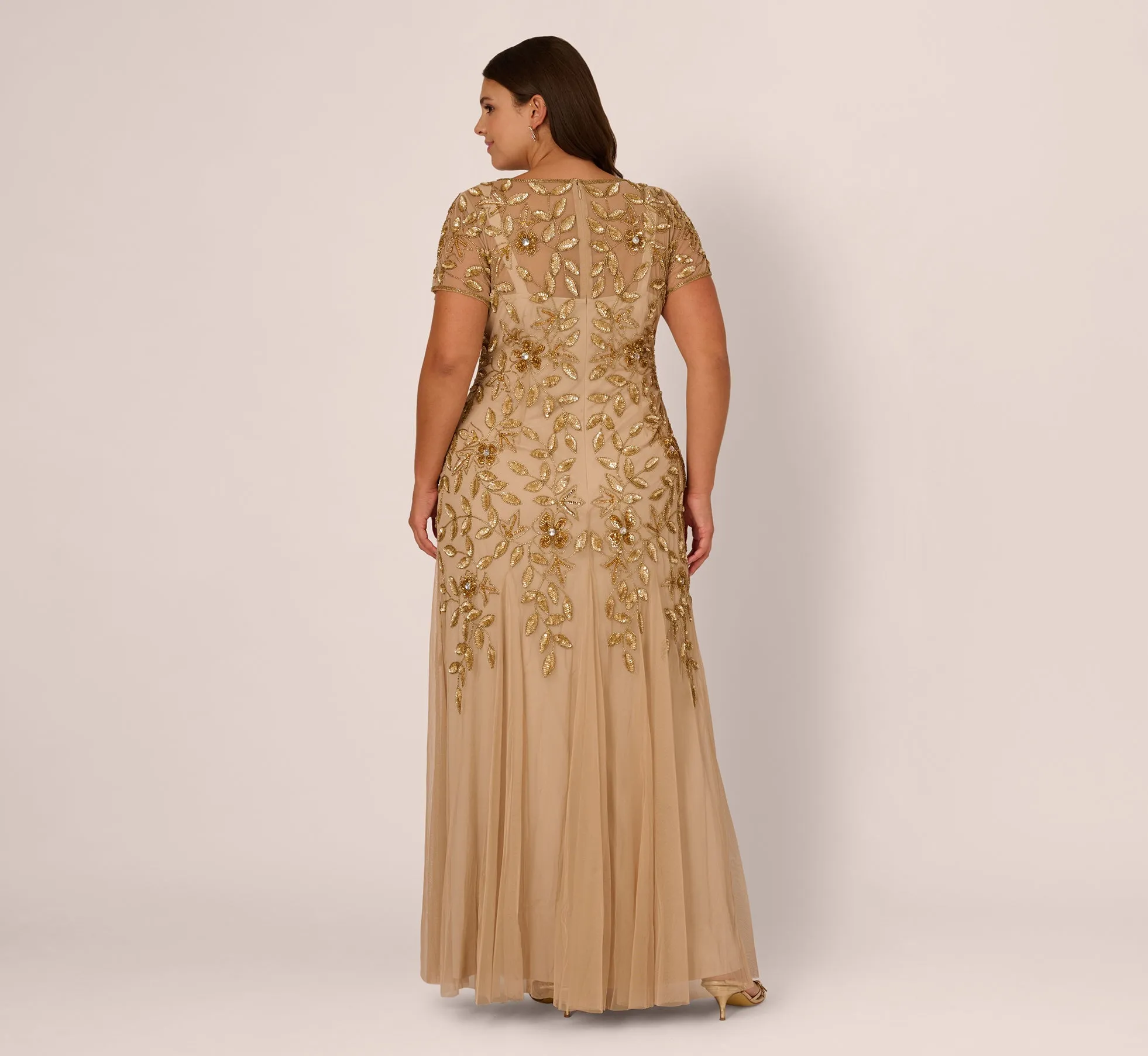 Plus Size Hand Beaded Short Sleeve Floral Godet Gown In Champagne Gold sold by Adrianna Papell product image thumbnail 5
