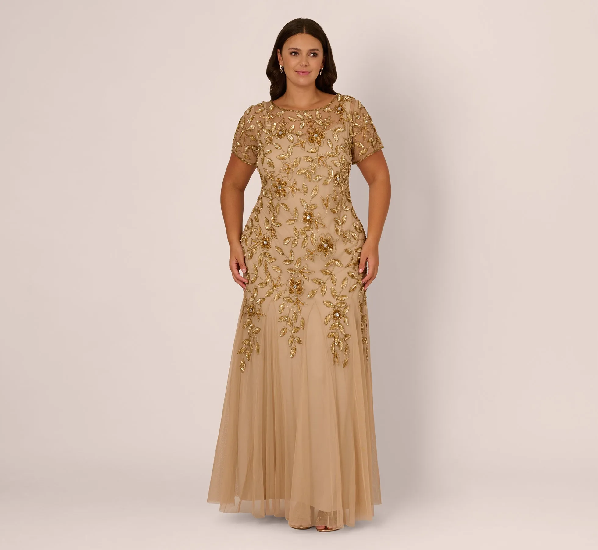 Plus Size Hand Beaded Short Sleeve Floral Godet Gown In Champagne Gold sold by Adrianna Papell product image thumbnail 2