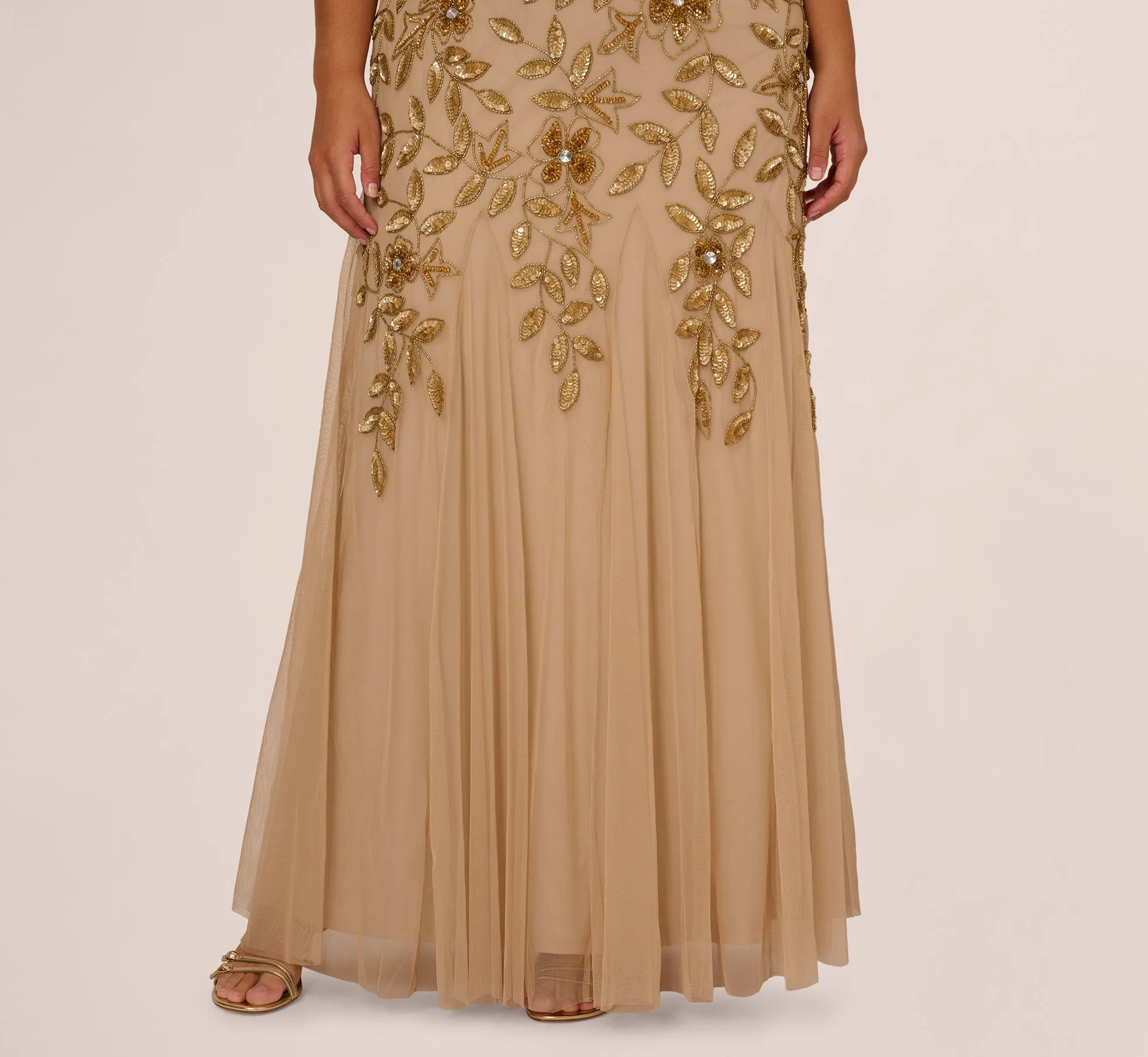 Plus Size Hand Beaded Short Sleeve Floral Godet Gown In Champagne Gold sold by Adrianna Papell product image thumbnail 4