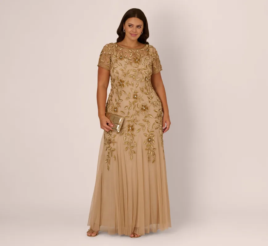 Plus Size Hand Beaded Short Sleeve Floral Godet Gown In Champagne Gold sold by Adrianna Papell