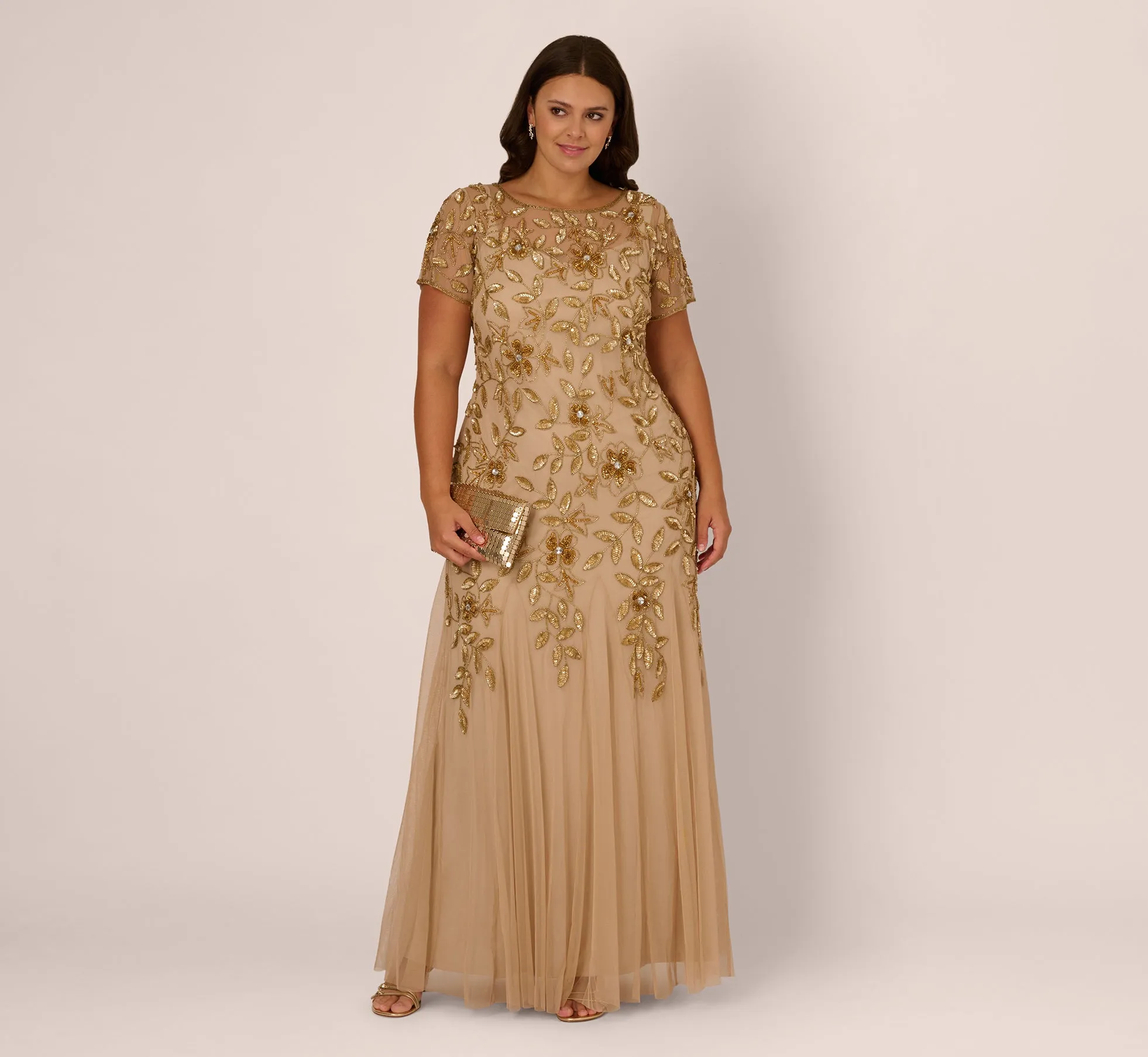Plus Size Hand Beaded Short Sleeve Floral Godet Gown In Champagne Gold sold by Adrianna Papell
