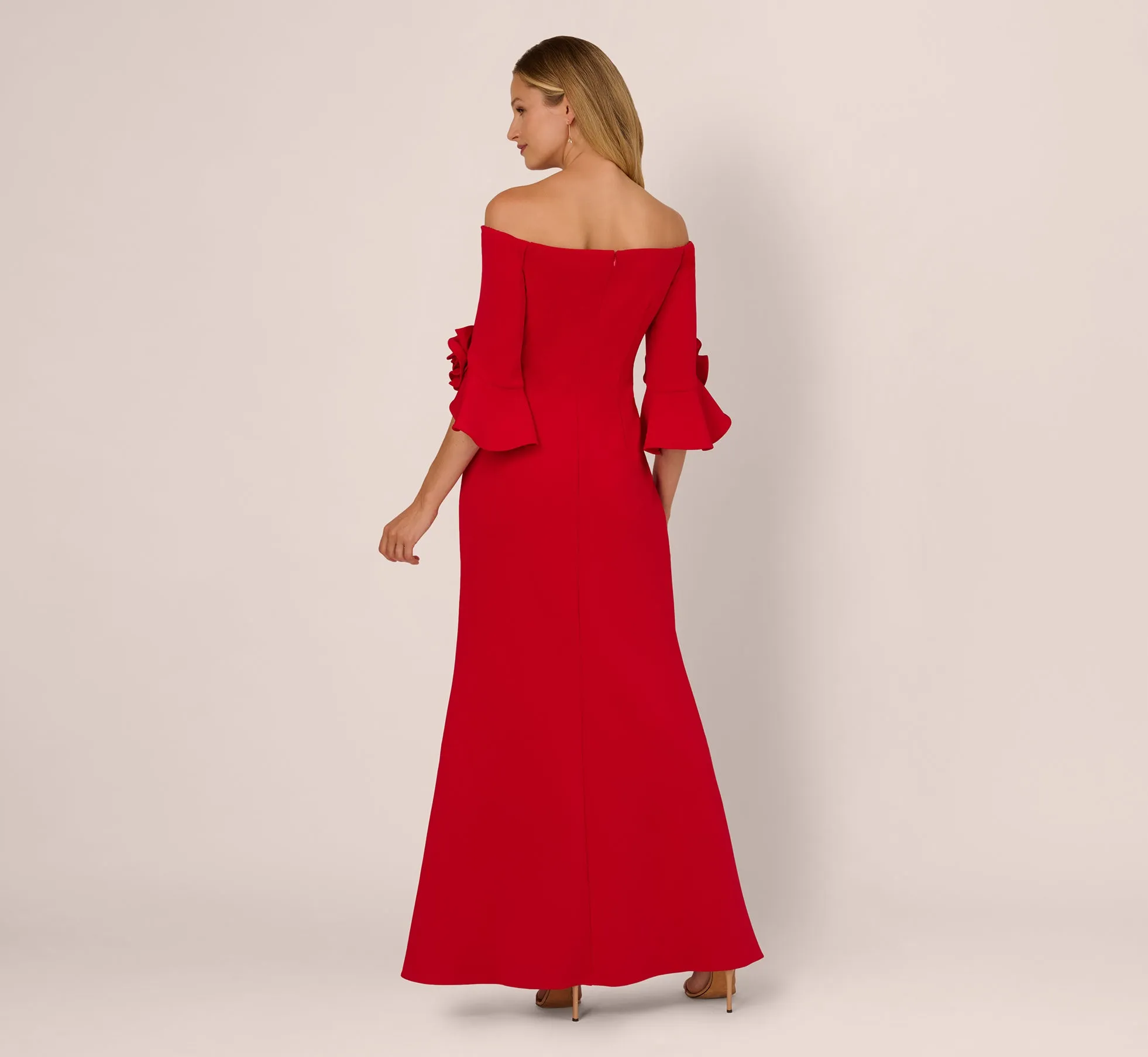 Off Shoulder Bell Sleeve Rosette Gown In Super Red sold by Adrianna Papell product image thumbnail 5