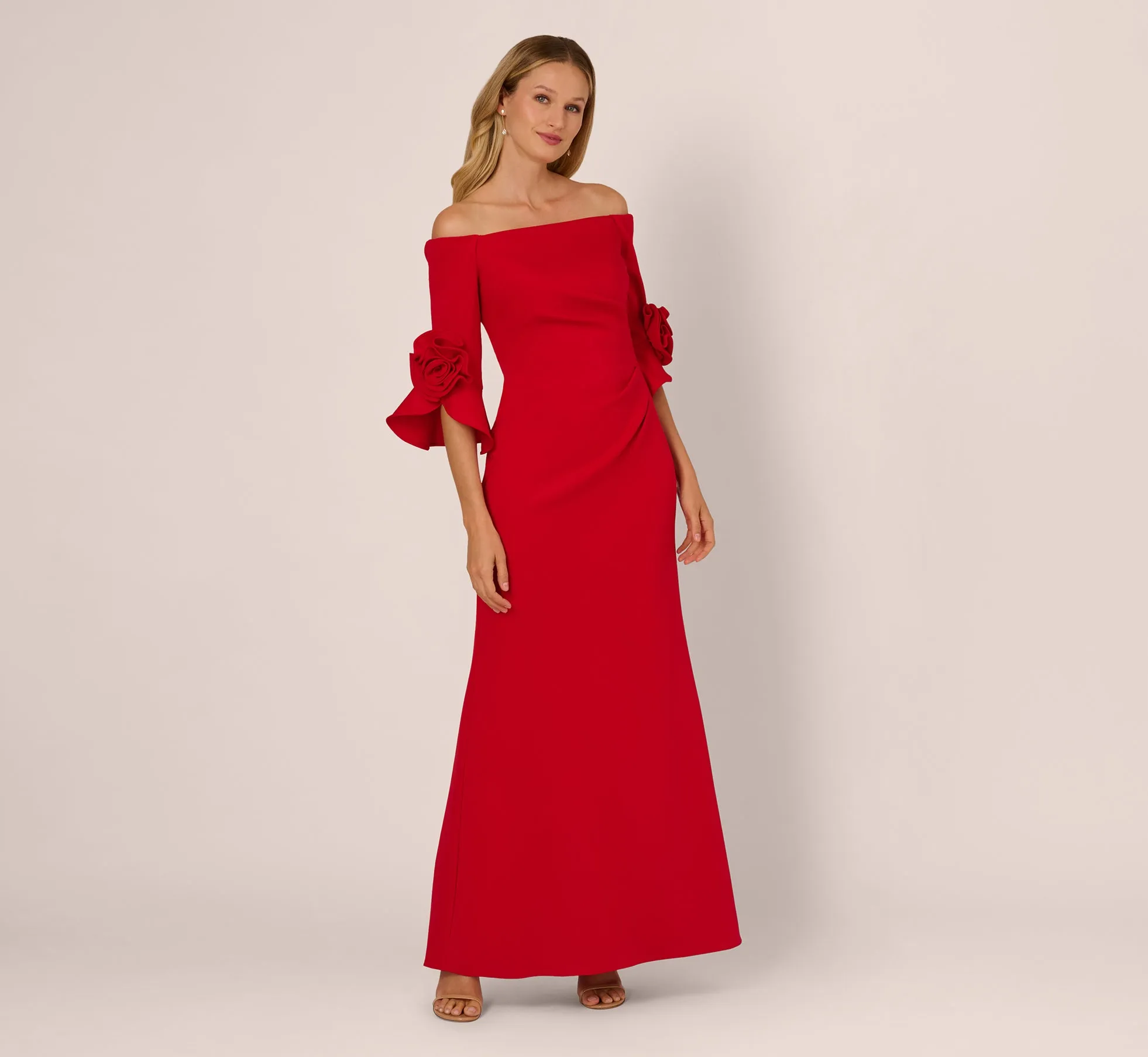 Off Shoulder Bell Sleeve Rosette Gown In Super Red sold by Adrianna Papell product image thumbnail 2